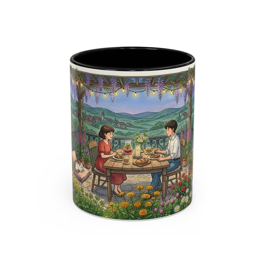 Cozy Romantic Garden Dinner Ceramic Mug — Couples Outdoor Bistro Cup (11 oz, 15 oz)