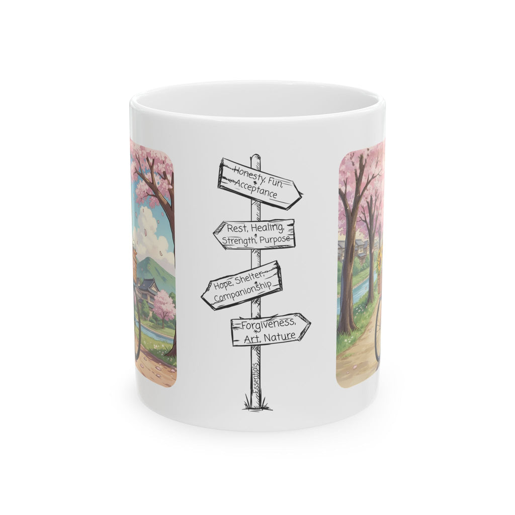 Kawaii Cats Riding Bikes in Sakura Japan White Ceramic Mug — Peaceful River Happy Paws Cup, 11o z & 15oz