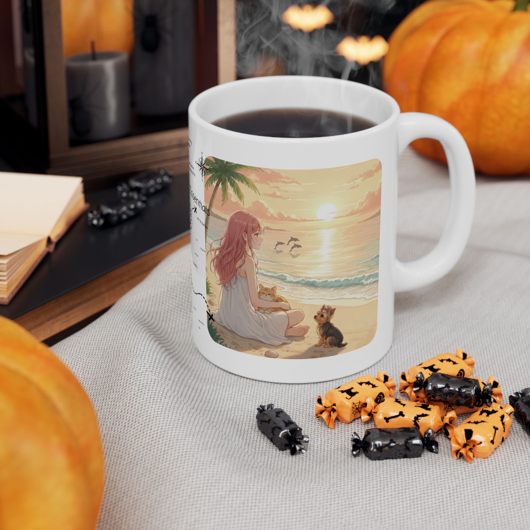 Cozy Peaceful Moments with Pets Sunset Beach White Ceramic Mug — Husky, Yorkie & Orange Cat Tropical Seascape Cup (11oz, 15oz)