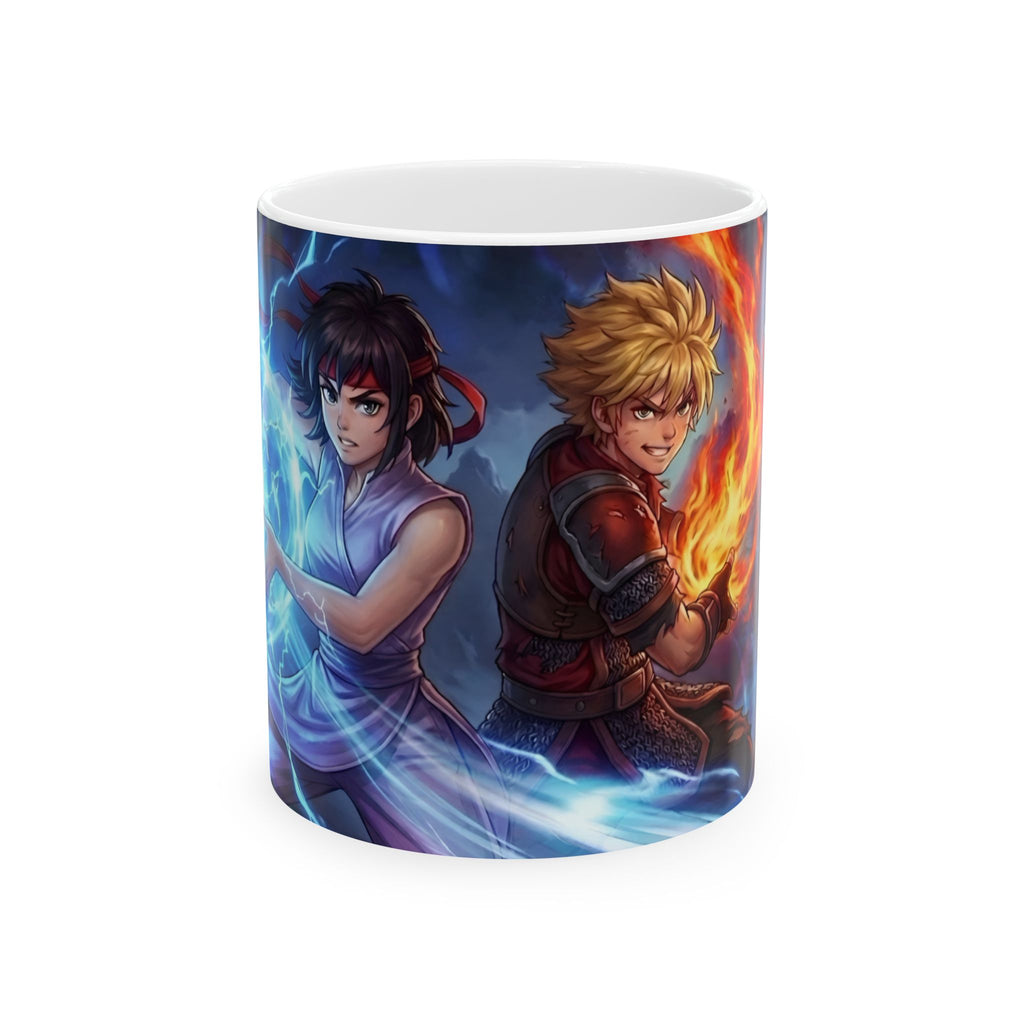 Anime Elemental Battle Duo #2 White Ceramic Mug — Fire And Lightning Gamers' Adventure(11oz, 15oz)