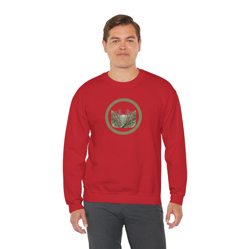 Bridge Building Circular Crewneck Sweatshirt — Mountain Nature Trail View Adventure Sweater