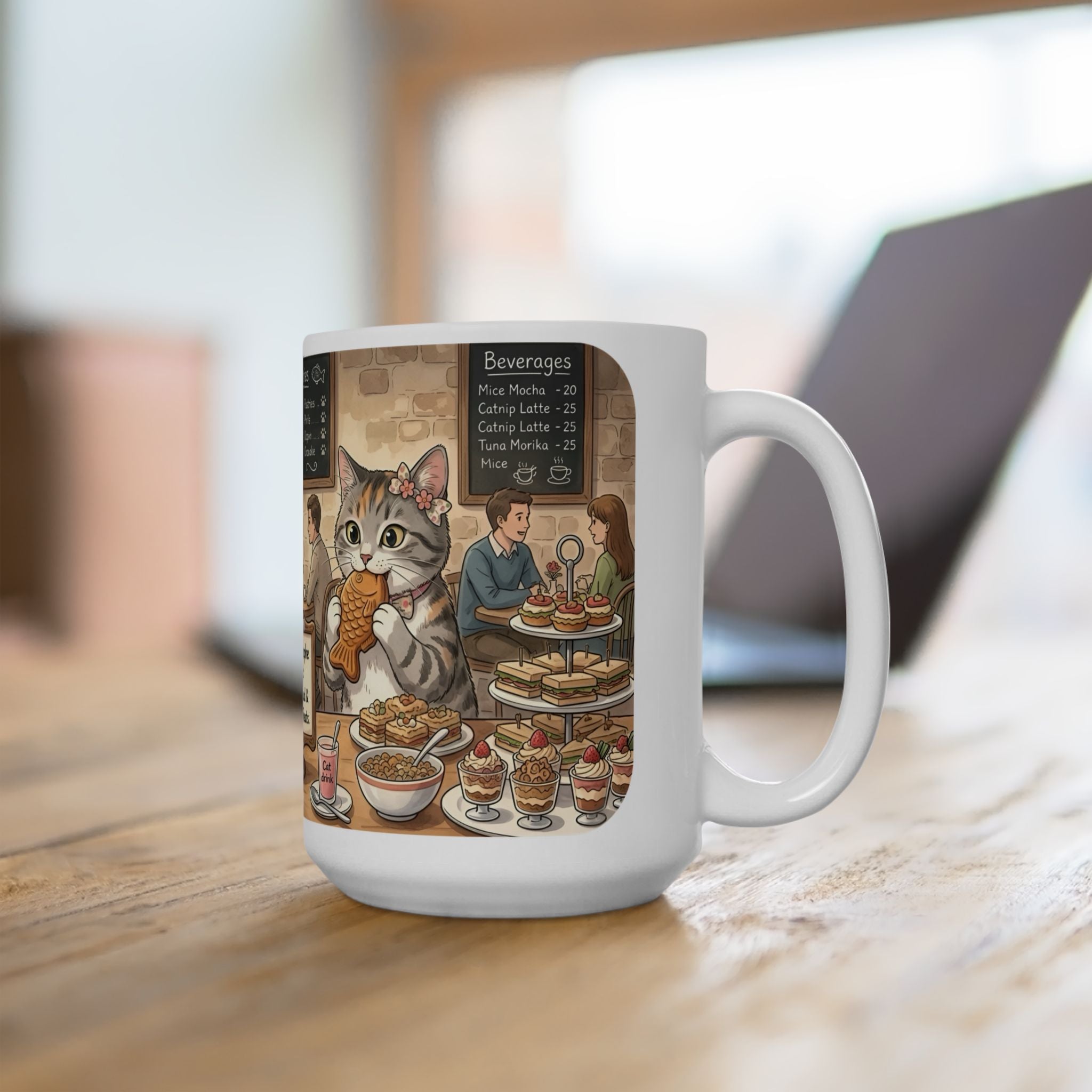 Cat-Astrophe Café White Ceramic Mug — Cute Cat Bakery Date Cup (11oz & 15oz)
