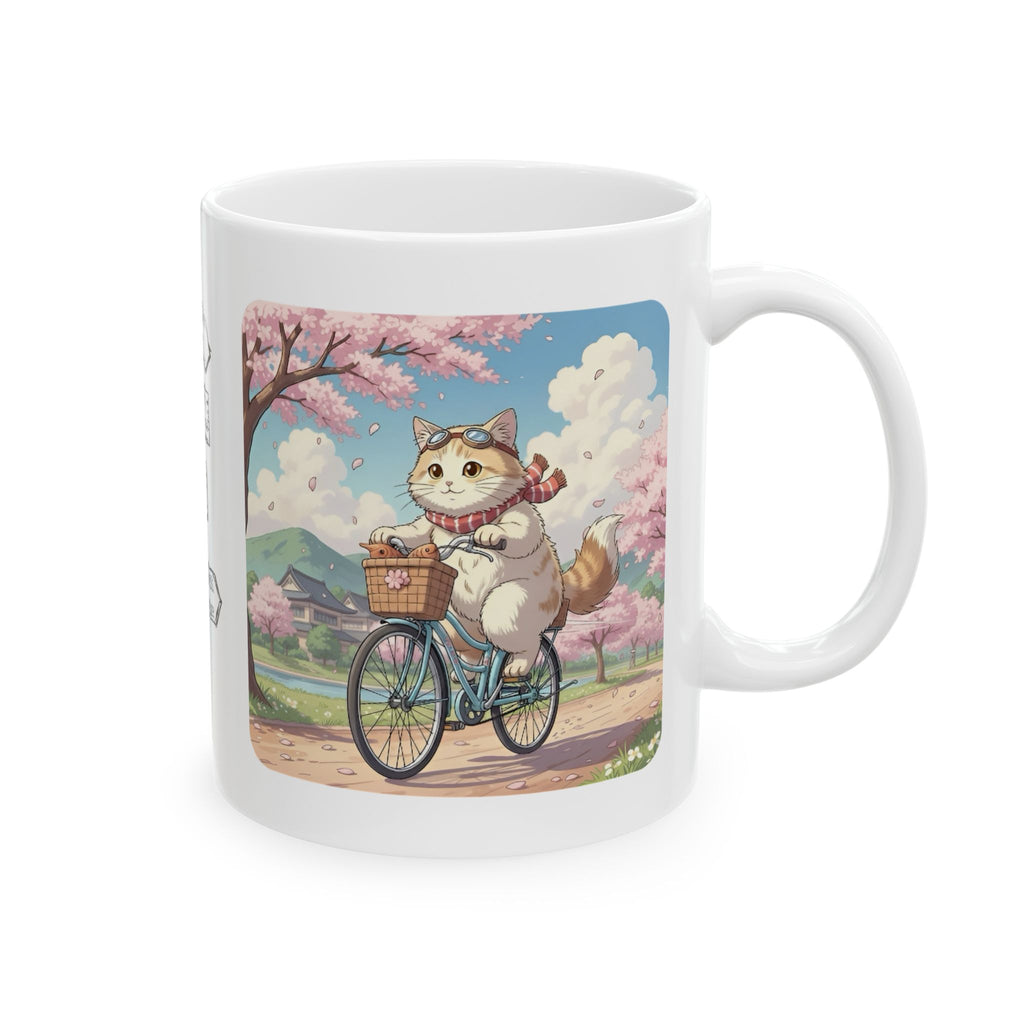 Cozy Kawaii Kitty Riding in Sakura Japan White Ceramic Mug — Whiskers on Wheels, Cherry Blossom Calm Cup, 11o z & 15oz