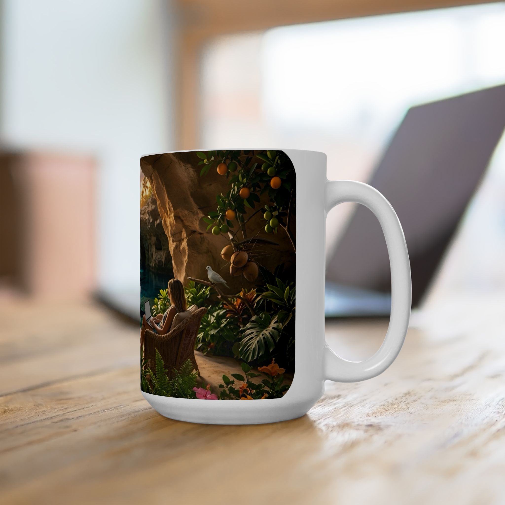 Tropical Cave Paradise White Ceramic Mug,  Relaxing Escape Cup (11 oz, 15 oz)