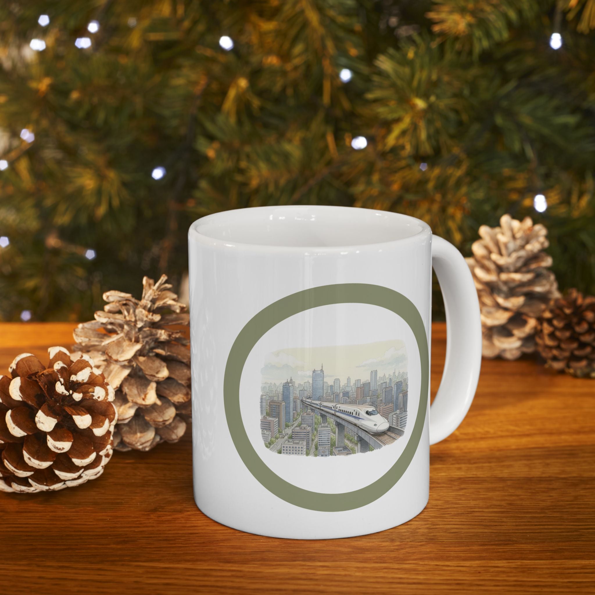 Bullet Train Cityscape Tea Cup – Vintage Skyline White Ceramic Mug (11oz & 15oz)