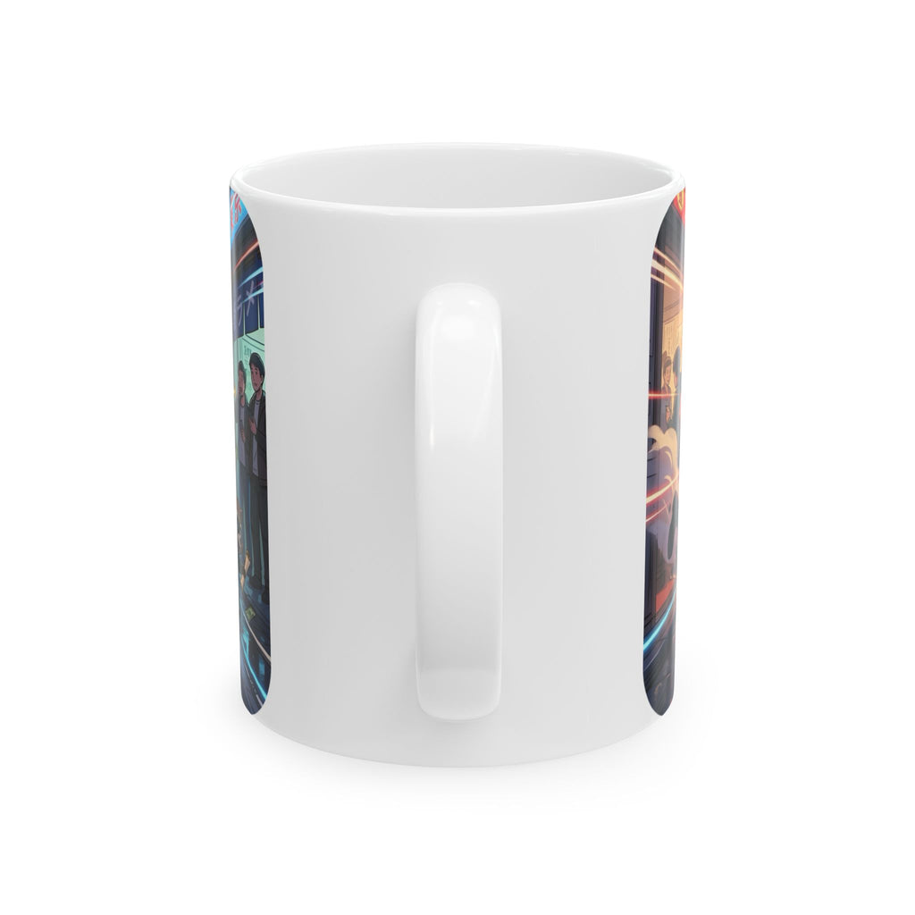 "Raccoon Chase" Anime City Police White Ceramic Mug (11oz/15oz), Urban Ringtails Cup