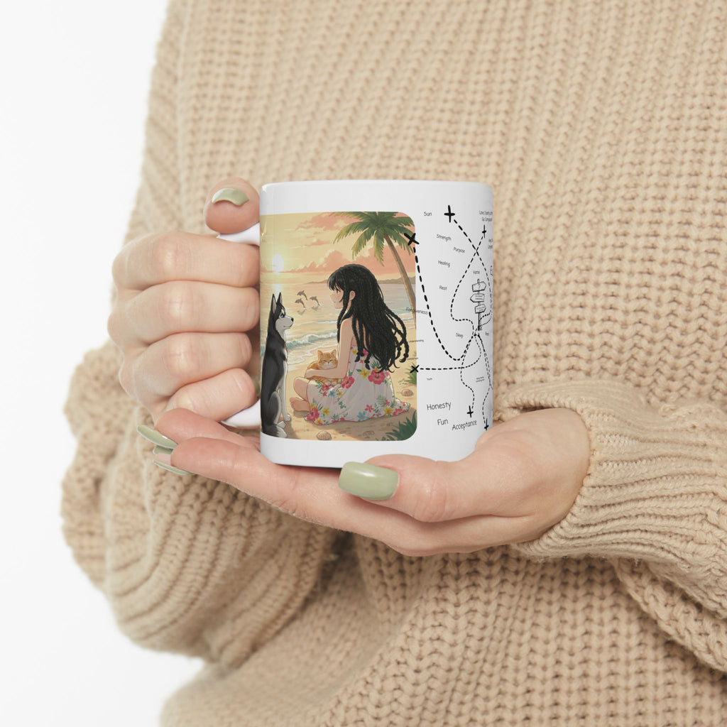 Cozy Peaceful Moments with Pets Sunset Beach White Ceramic Mug — Husky, Yorkie & Orange Cat Tropical Seascape Cup (11oz, 15oz)