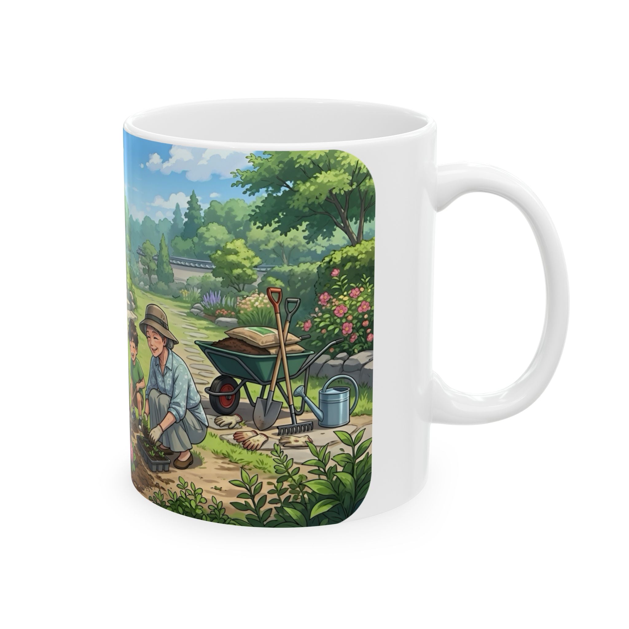 Garden Family Love White Ceramic Mug — Cozy Countryside Landscaping Tea Cup (11oz & 15oz)