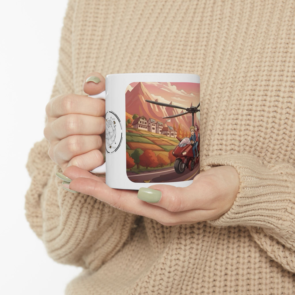 Flying Motorcycles White Ceramic Mug – Friends, Family & Imaginative Adventures, Celebrating Companionship, Creativity & Life’s Little Wonders Cup (11oz/15oz)