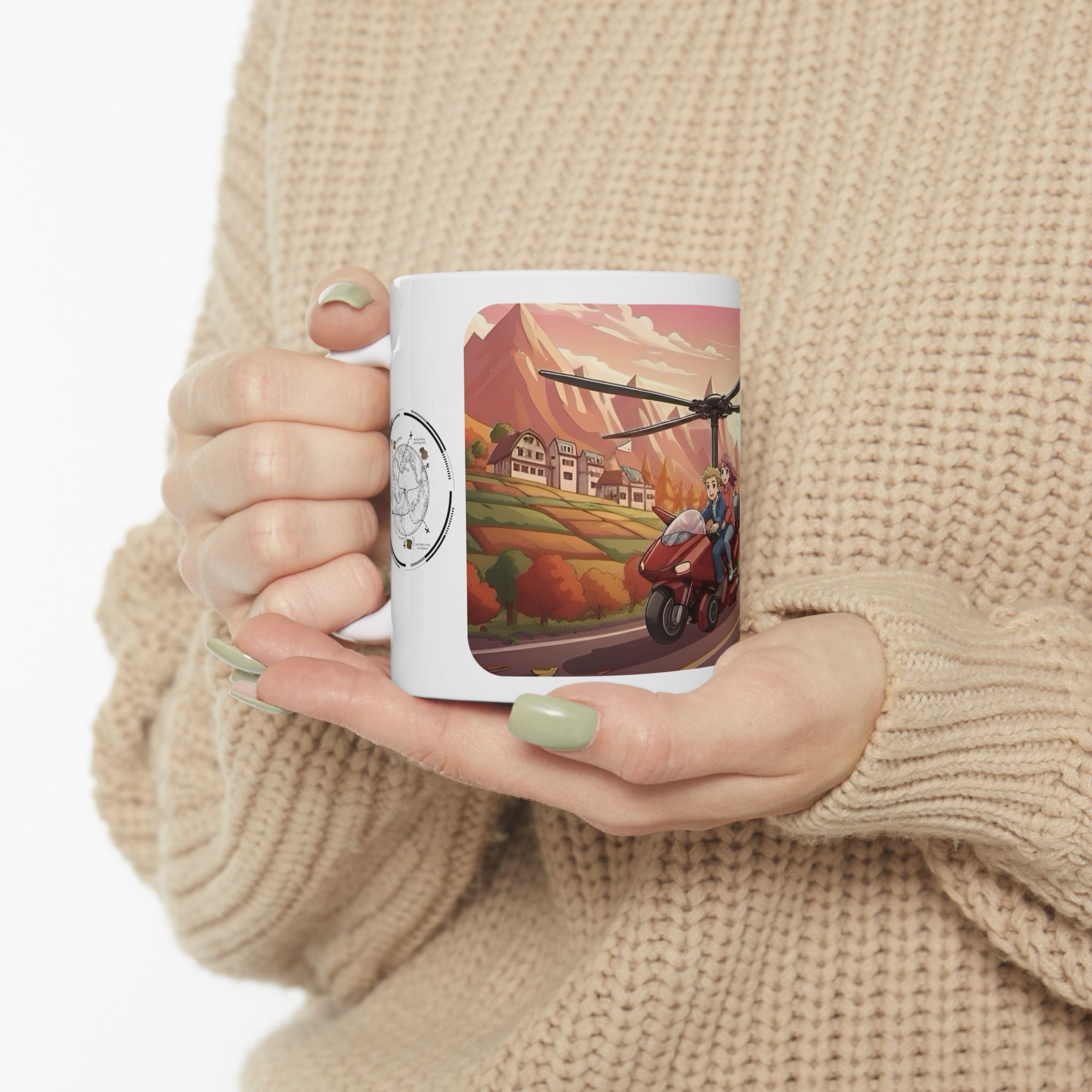 Flying Motorcycles White Ceramic Mug – Friends, Family & Imaginative Adventures, Celebrating Companionship, Creativity & Life’s Little Wonders Cup (11oz/15oz)