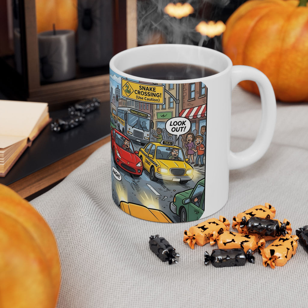 City Traffic & The Urban LandSnake White Ceramic Mug – Comical Reptile Road Chaos Cup (11oz, 15oz)