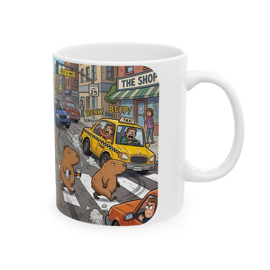 Capybara Abbey Road White Ceramic Mug – Funny Rodent Band Tea Cup (11oz & 15oz)