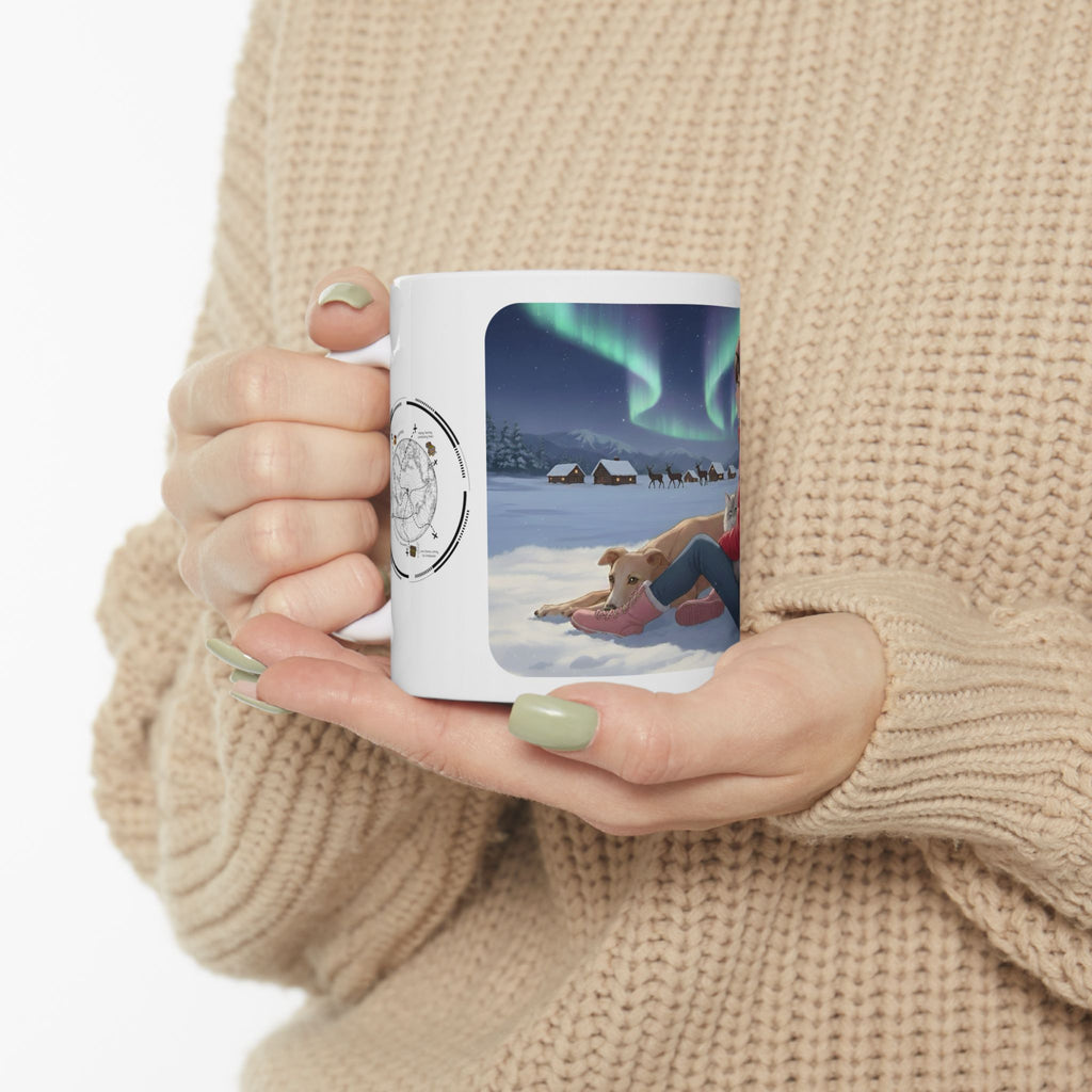 Cozy Winter Night Sky & Reindeer Charm Anime White Ceramic Mug — Greyhound & Siberian Cat under Northern Lights Cup (11oz, 15oz)