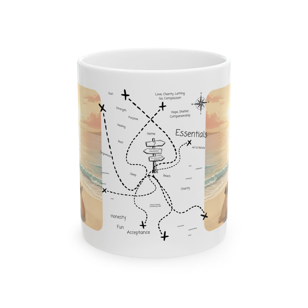 Cute French Bulldog, Pug & Orange Cat Coastal Vibe White Ceramic Mug, Cozy Sunset Seascape Anime Girl Cup (11oz, 15oz)