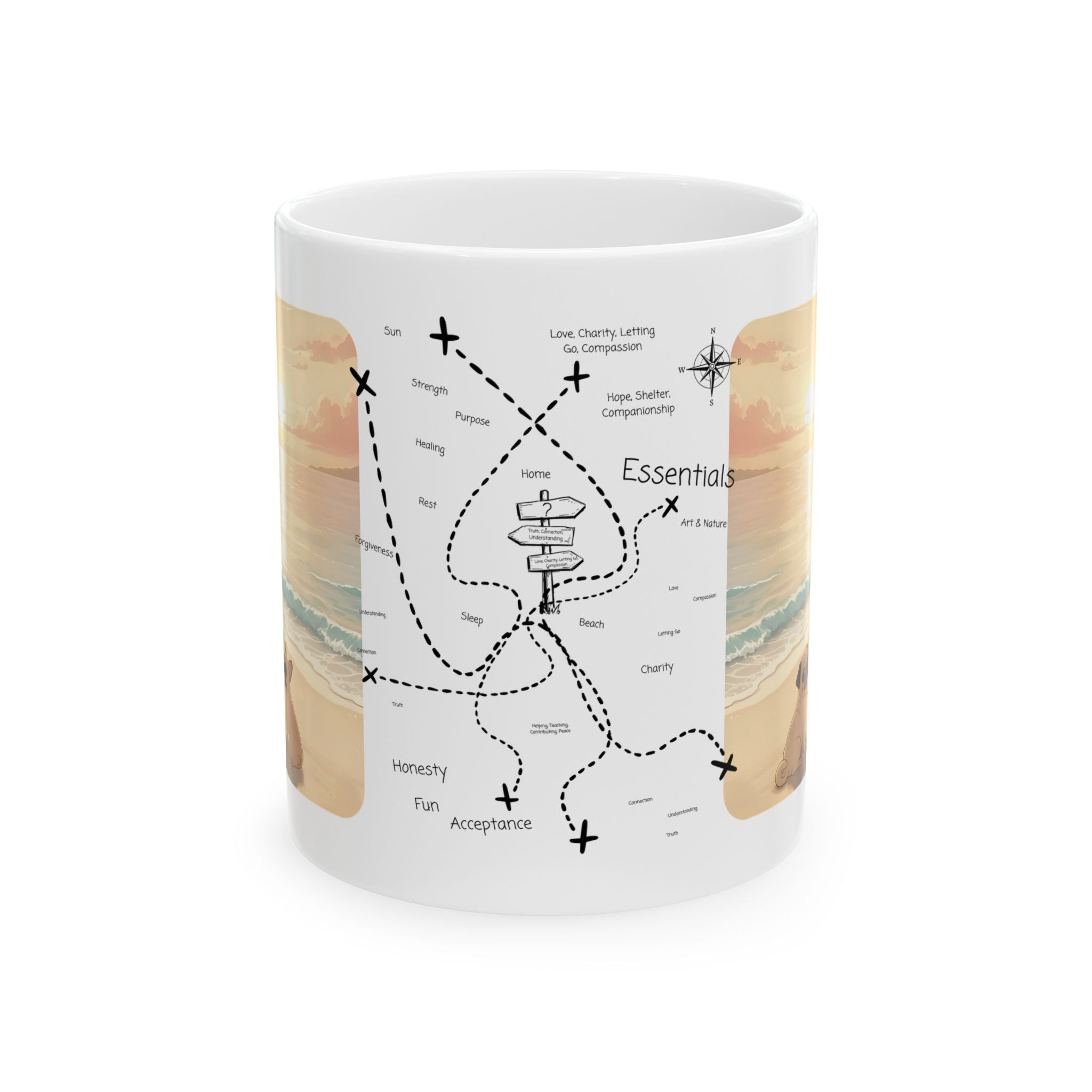 Cute French Bulldog, Pug & Orange Cat Coastal Vibe White Ceramic Mug, Cozy Sunset Seascape Anime Girl Cup (11oz, 15oz)