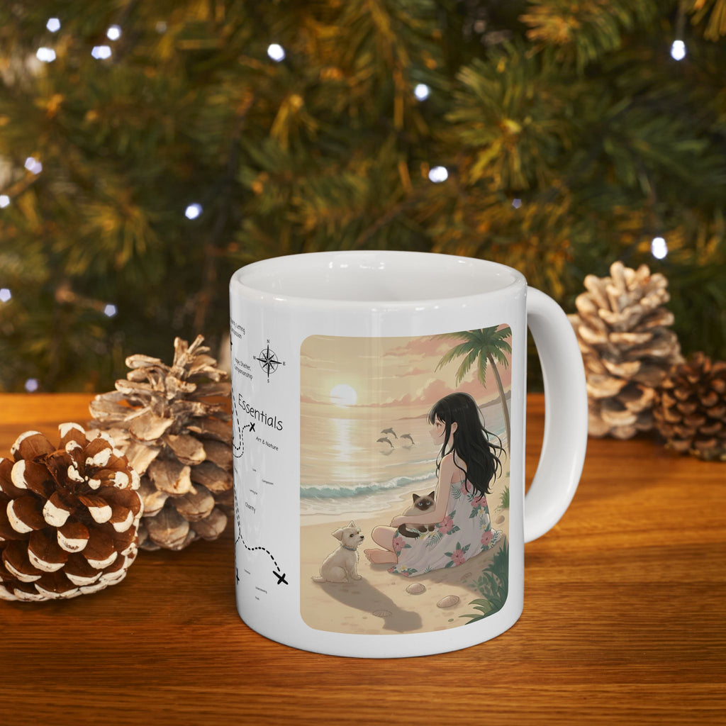 West Highland Terrier Dog, Siamese and Tabby Cats Coastal Decor White Ceramic Mug, Cozy Tropical Seascape Anime Girl Sunset Cup (11oz, 15oz)