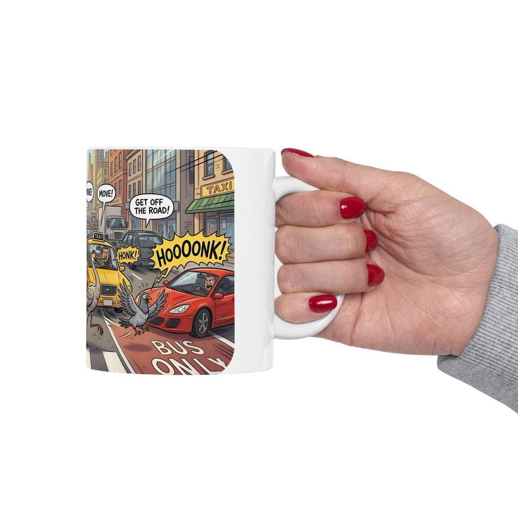 Gator, Crane, and Pidgeon Crossing White Ceramic Mug — Alligator & Bird Traffic Jam Cup (11 oz, 15 oz)