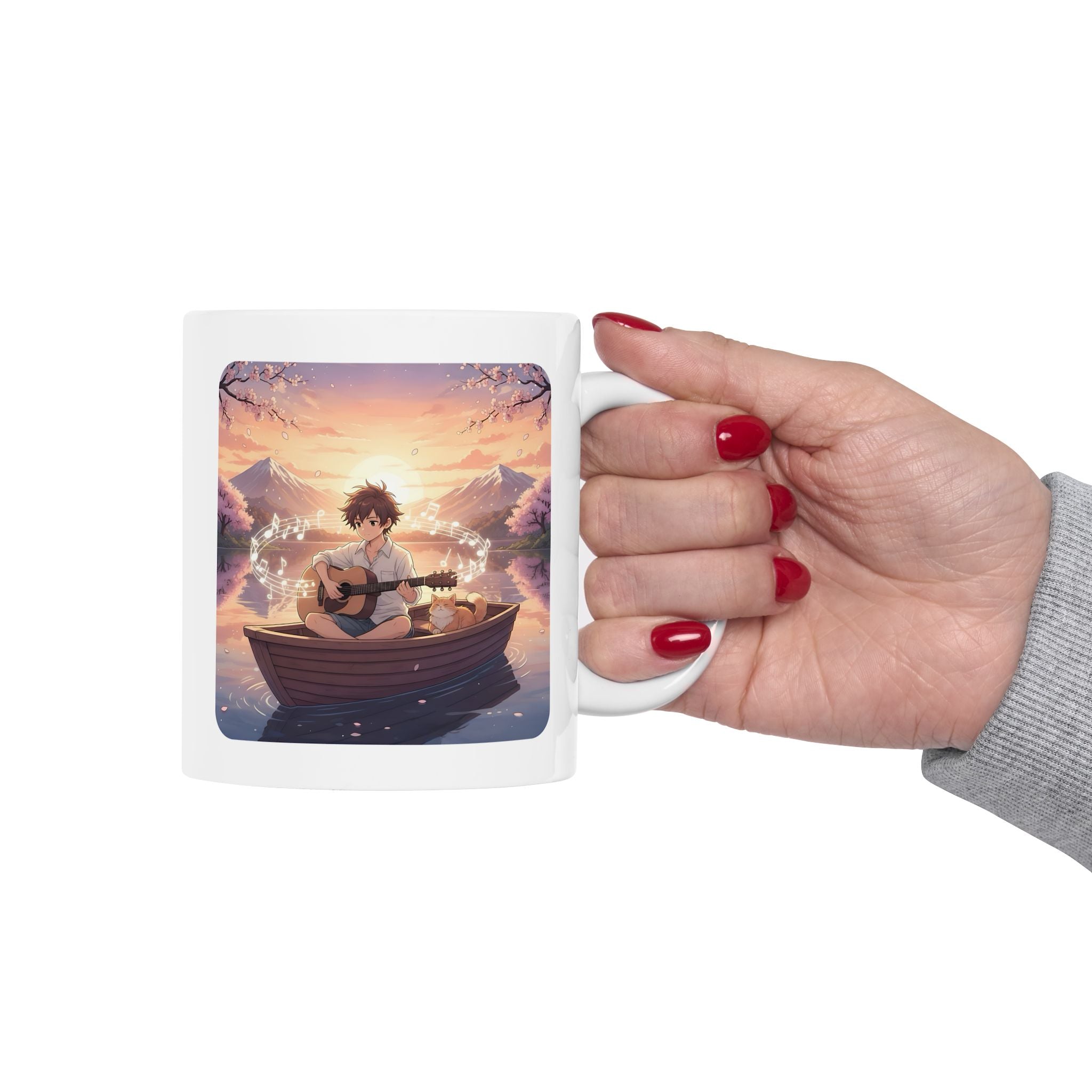 Young Guitarist & Ginger Cat Sunset Lake White Ceramic Mug — Tranquil Nature Musical Companions Cup (11oz, 15oz)