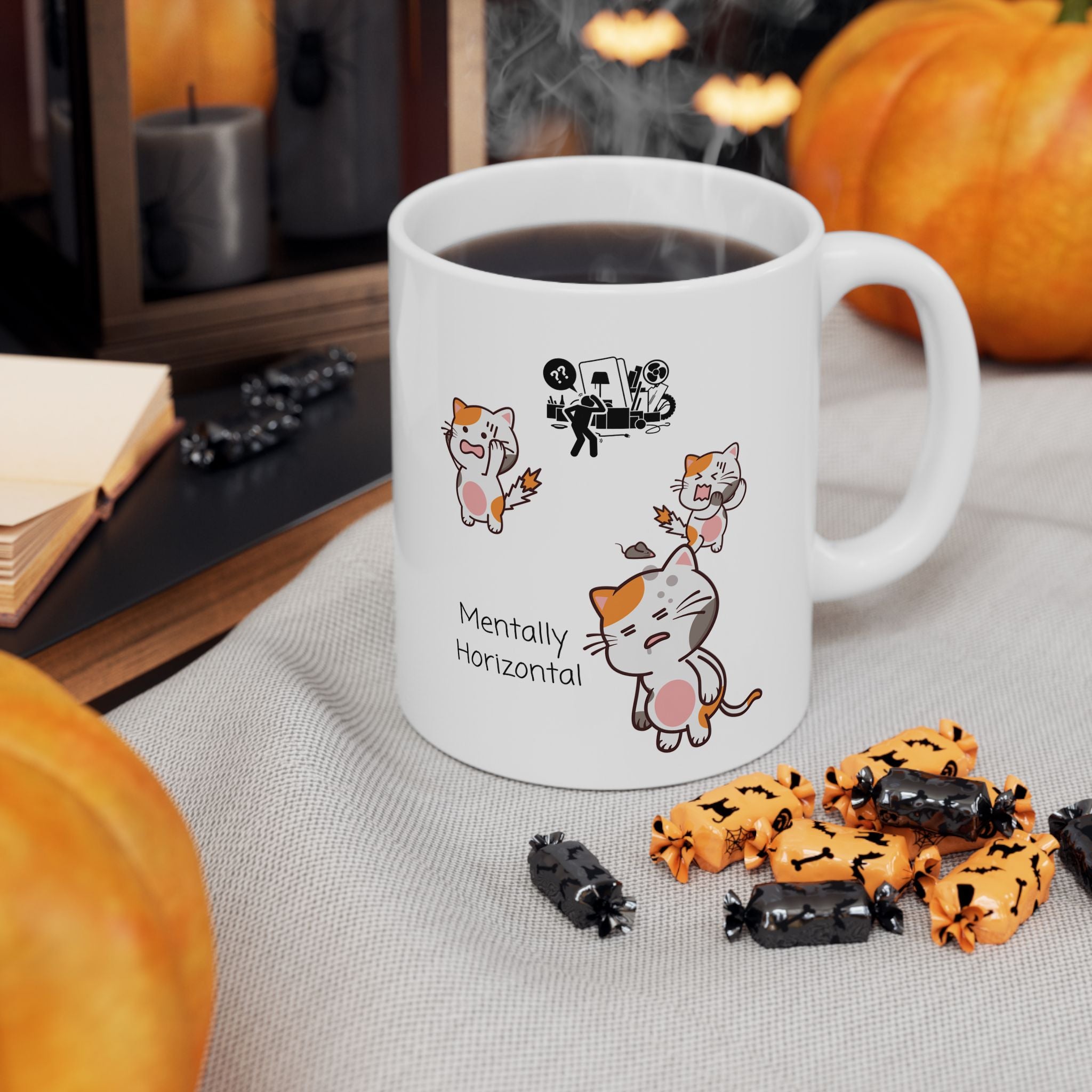 Funny "Mentally Horizontal" Cat Chaos White Ceramic Mug — Frantic Kitties in a Trashed Room (11oz & 15oz)