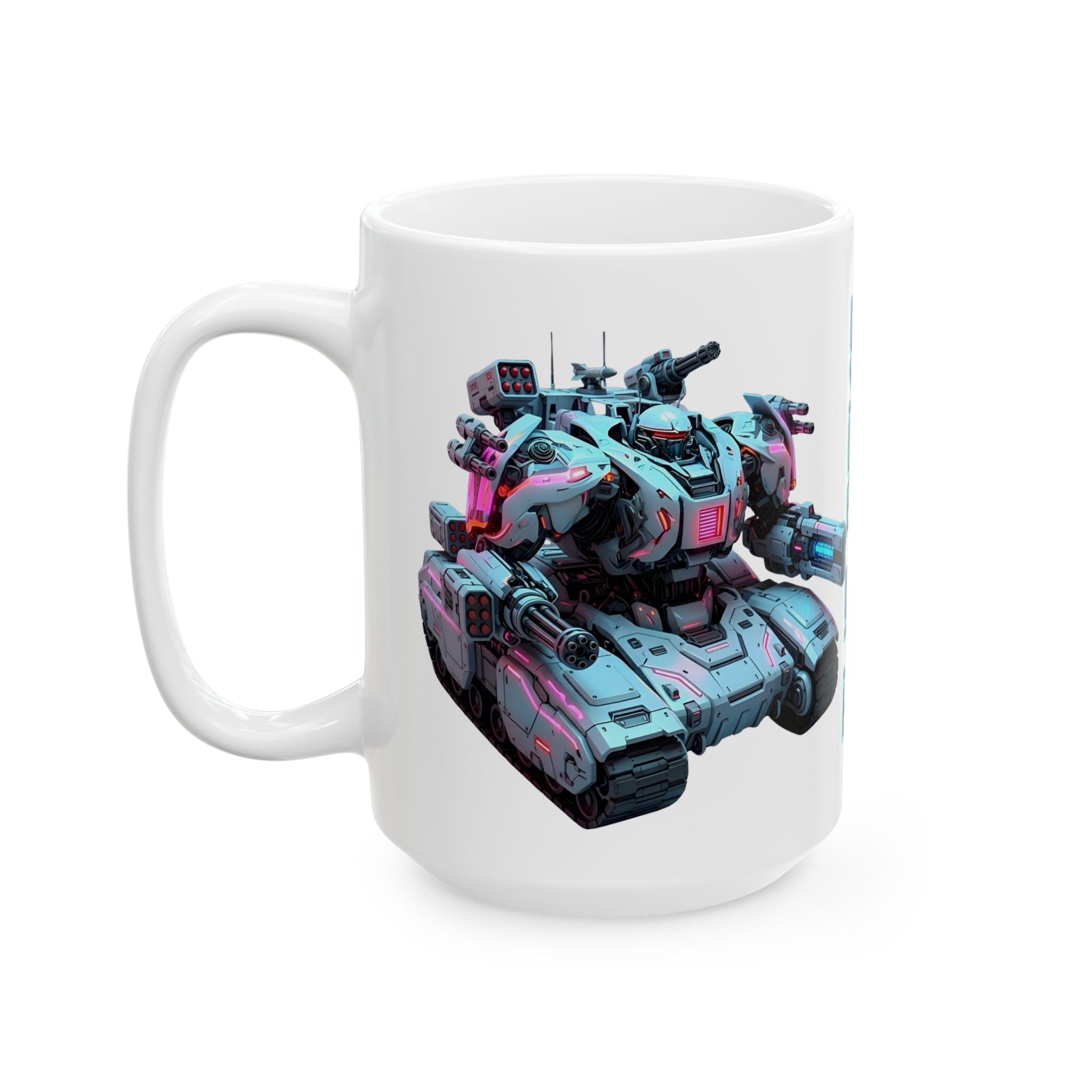 'The Meks' Sci‑Fi Mech Robot #7 White Ceramic Mug (11oz & 15oz), Retro Cyberpunk Tea Cup