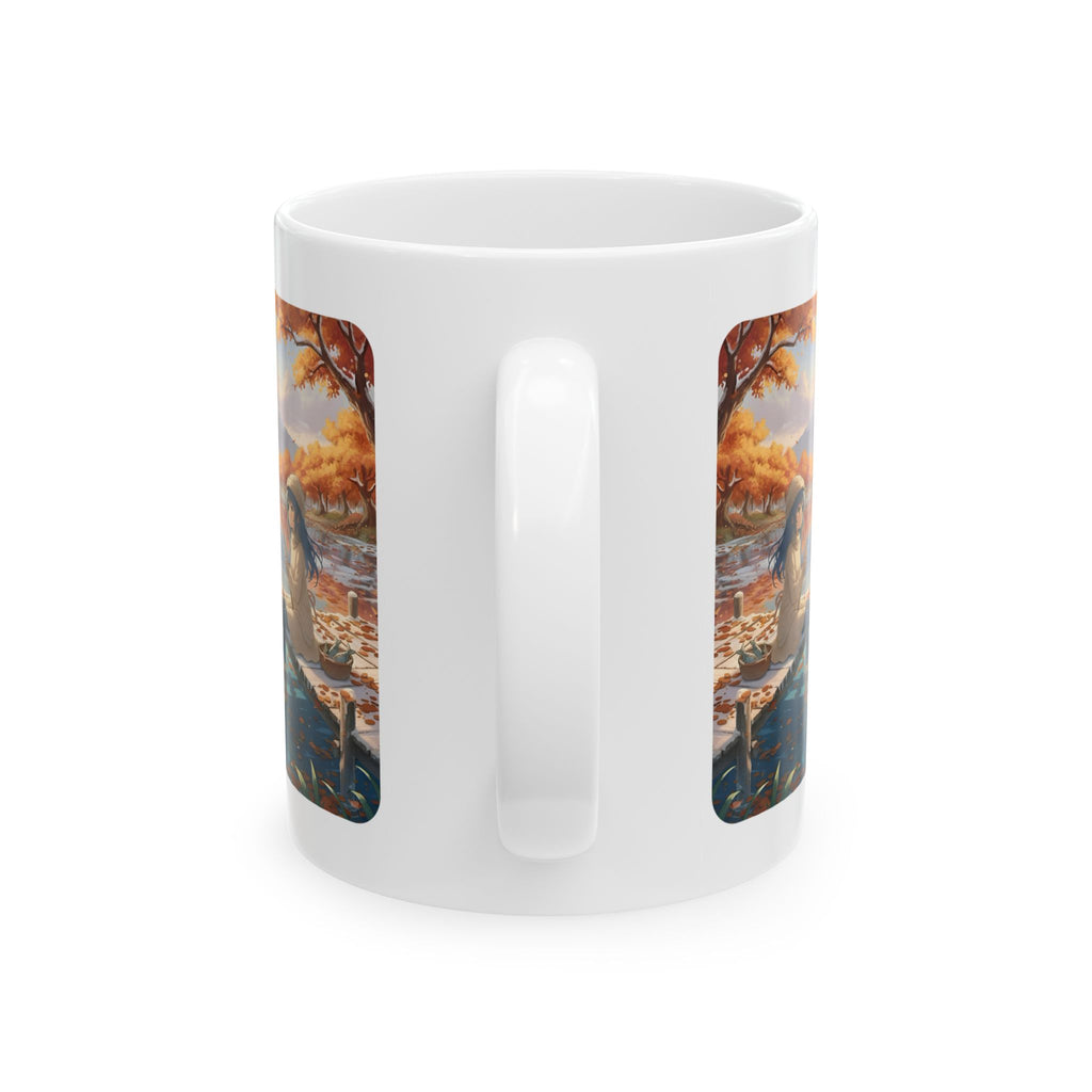 Cozy Anime Girl Joyful Fishing Lake Adventure White Ceramic Mug — Scenic Autumn Aesthetic Mountain Landscape Tea Cup (11oz/15oz)