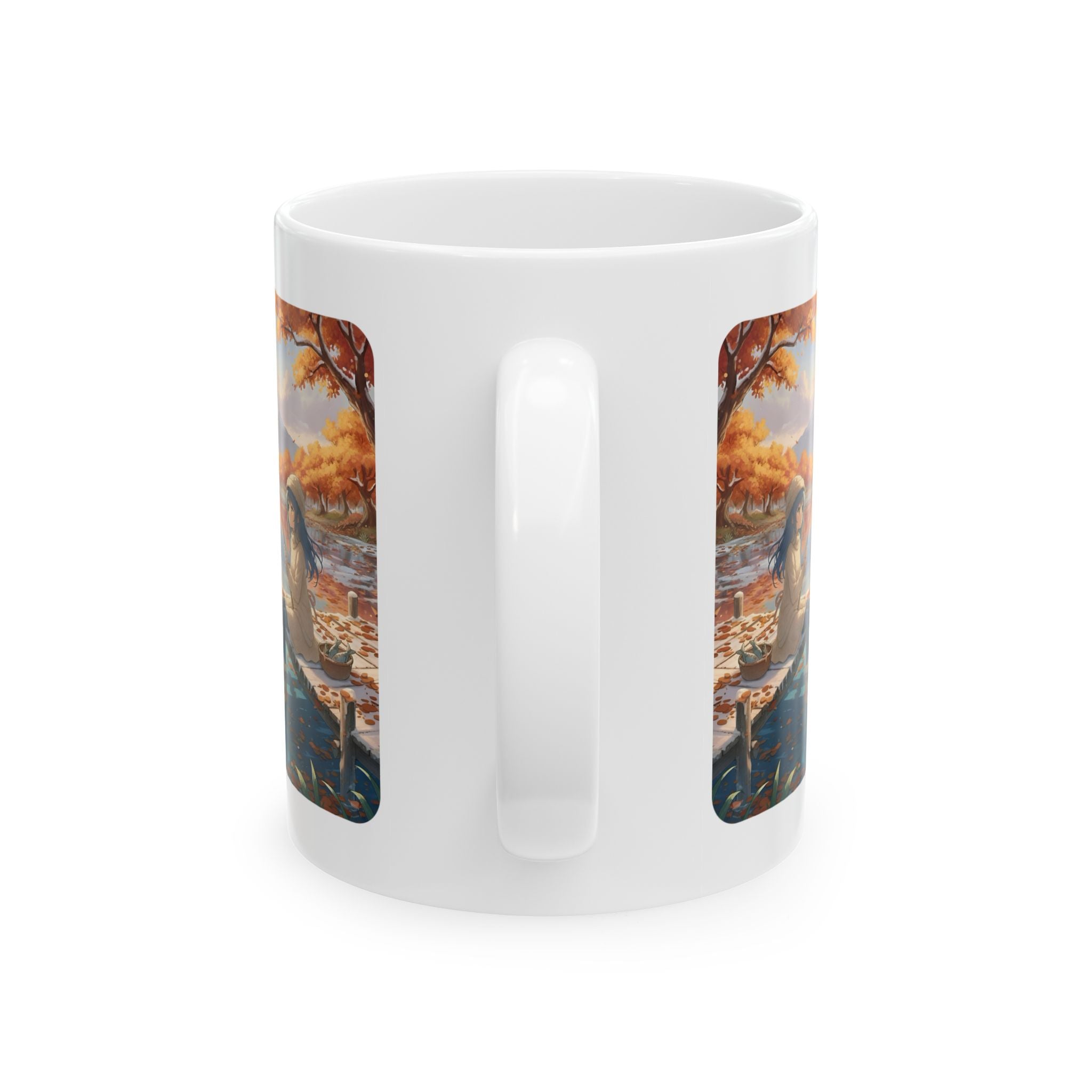 Cozy Anime Girl Joyful Fishing Lake Adventure White Ceramic Mug — Scenic Autumn Aesthetic Mountain Landscape Tea Cup (11oz/15oz)