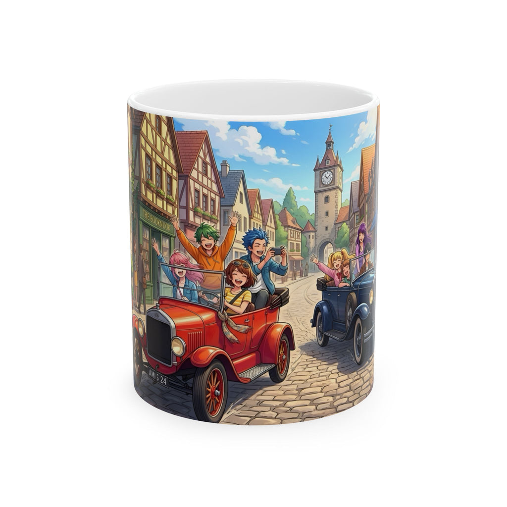 Vintage Village Roadtrip #2 White Ceramic Mug — Classic Cars & Happy Town Friends Cup (11oz, 15oz)