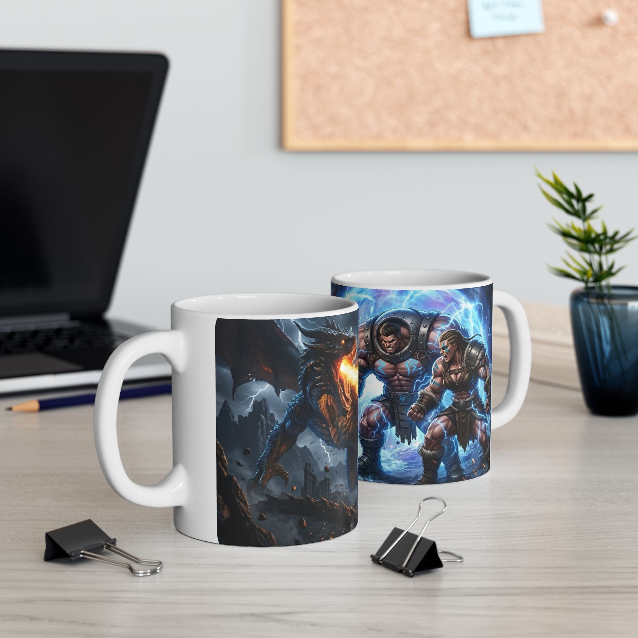 Dragon Battle #3 White Ceramic Mug — Epic Fantasy Gaming Adventure Scene (11oz, 15oz)