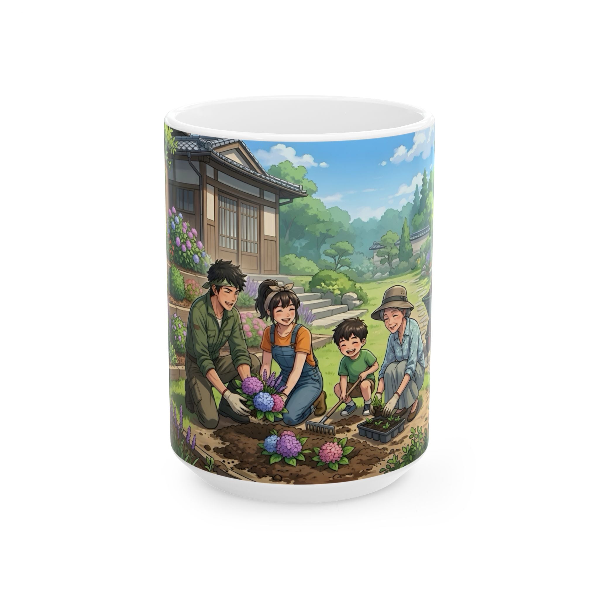 Garden Family Love White Ceramic Mug — Cozy Countryside Landscaping Tea Cup (11oz & 15oz)