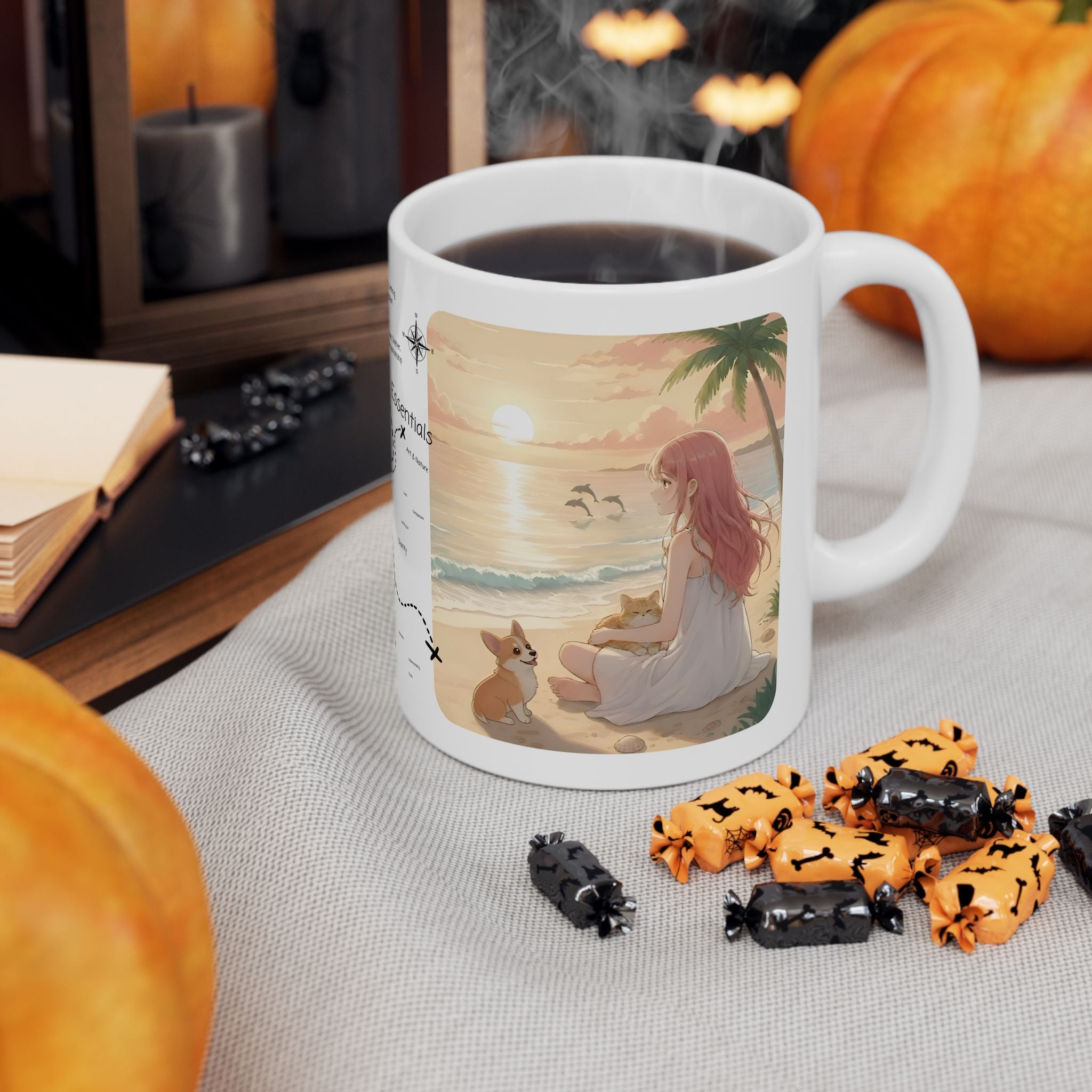 Cute Corgi Dog & Orange Cat Tropical Seascape White Ceramic Mug, Cozy Pembroke Welsh Corgi Mom on Beach Cup (11oz, 15oz)