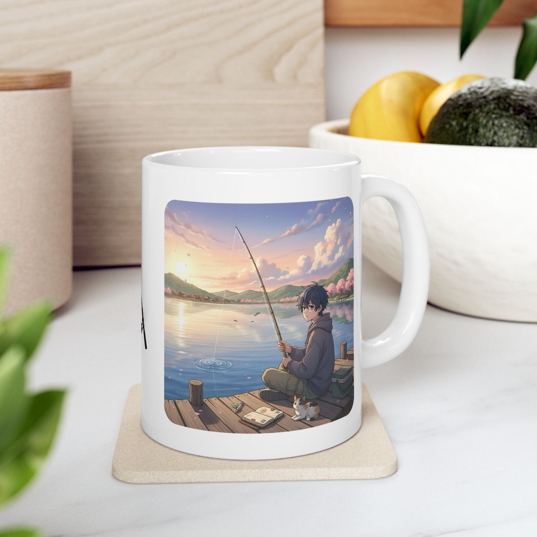 Dock Fishing At Sunset With My Calico Cat White Ceramic Mug — Serene Lake Pier Tea Cup (11oz/15oz)
