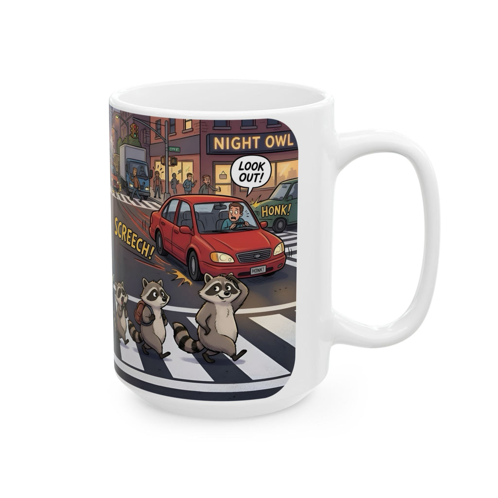 Raccoon Crosswalk White Ceramic Mug (11oz/15oz) – Cute Urban Wildlife Tea Cup