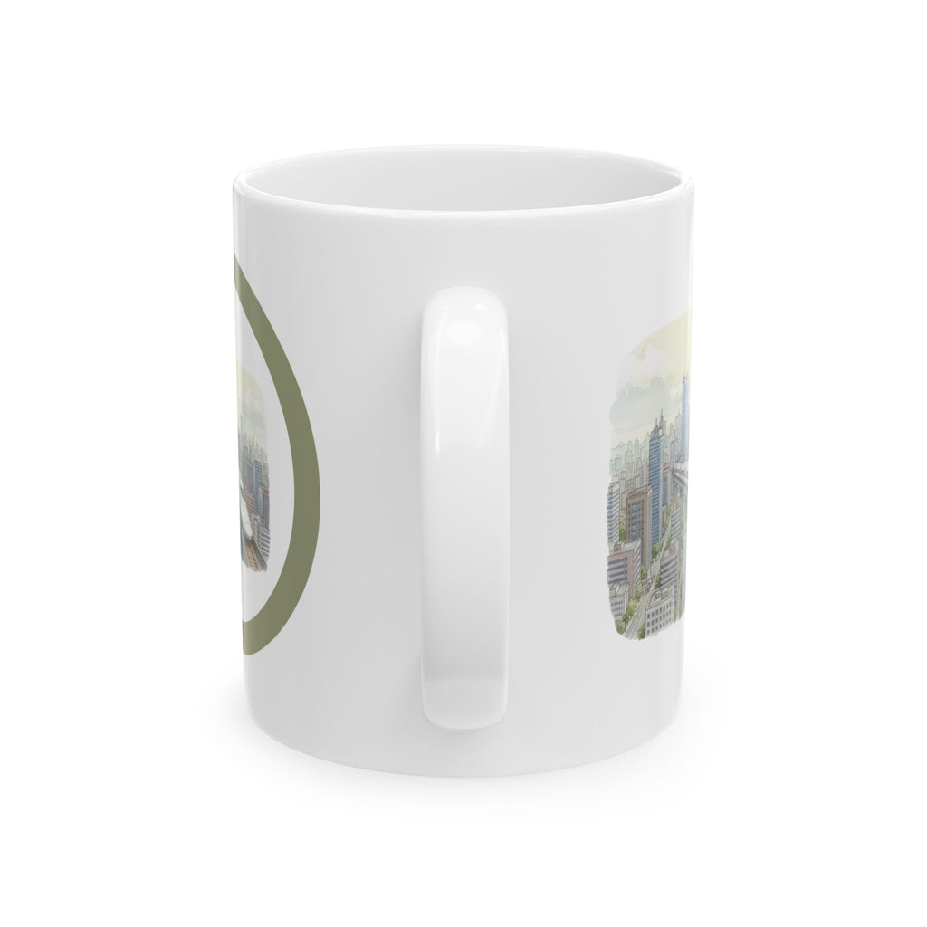 Bullet Train Cityscape Tea Cup – Vintage Skyline White Ceramic Mug (11oz & 15oz)
