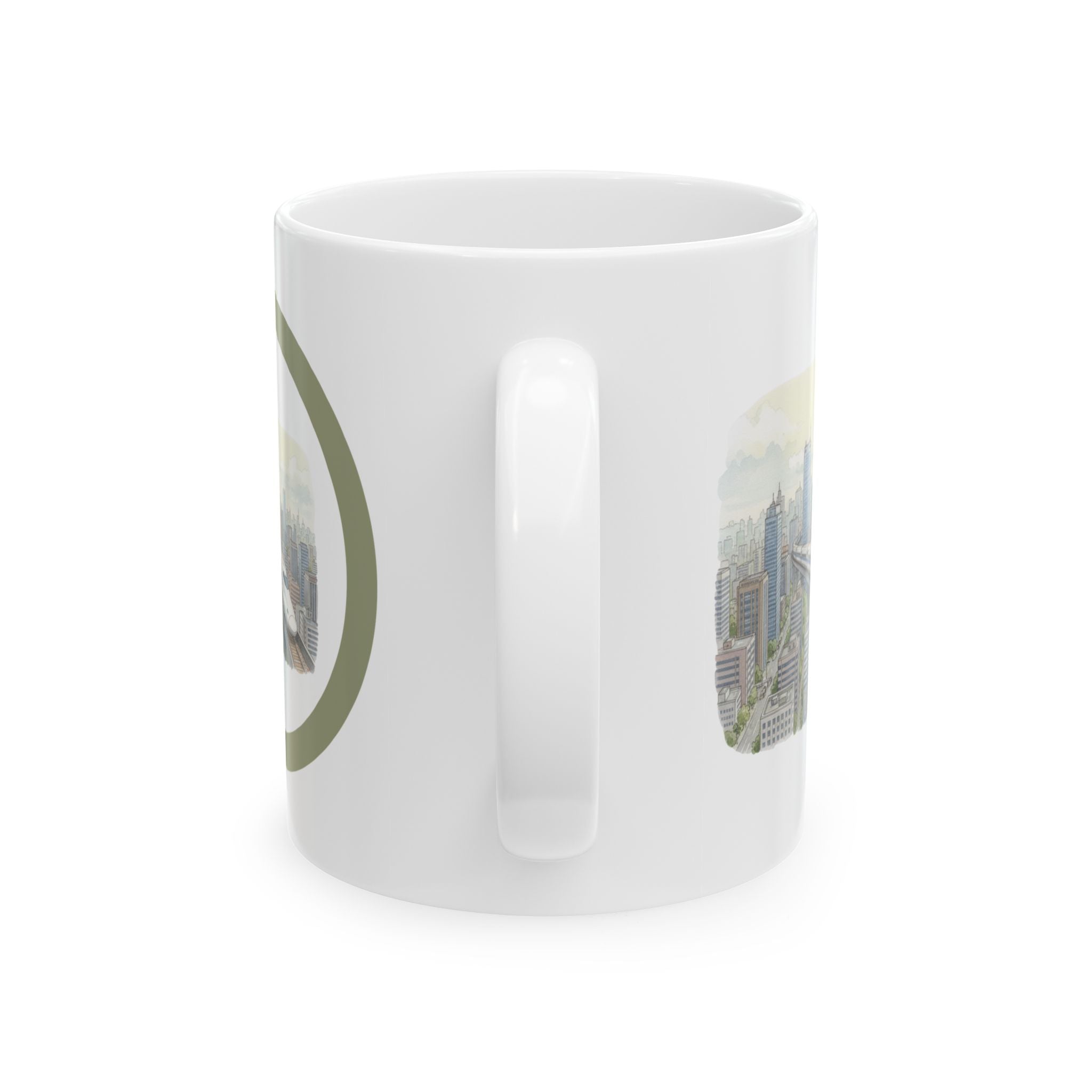Bullet Train Cityscape Tea Cup – Vintage Skyline White Ceramic Mug (11oz & 15oz)