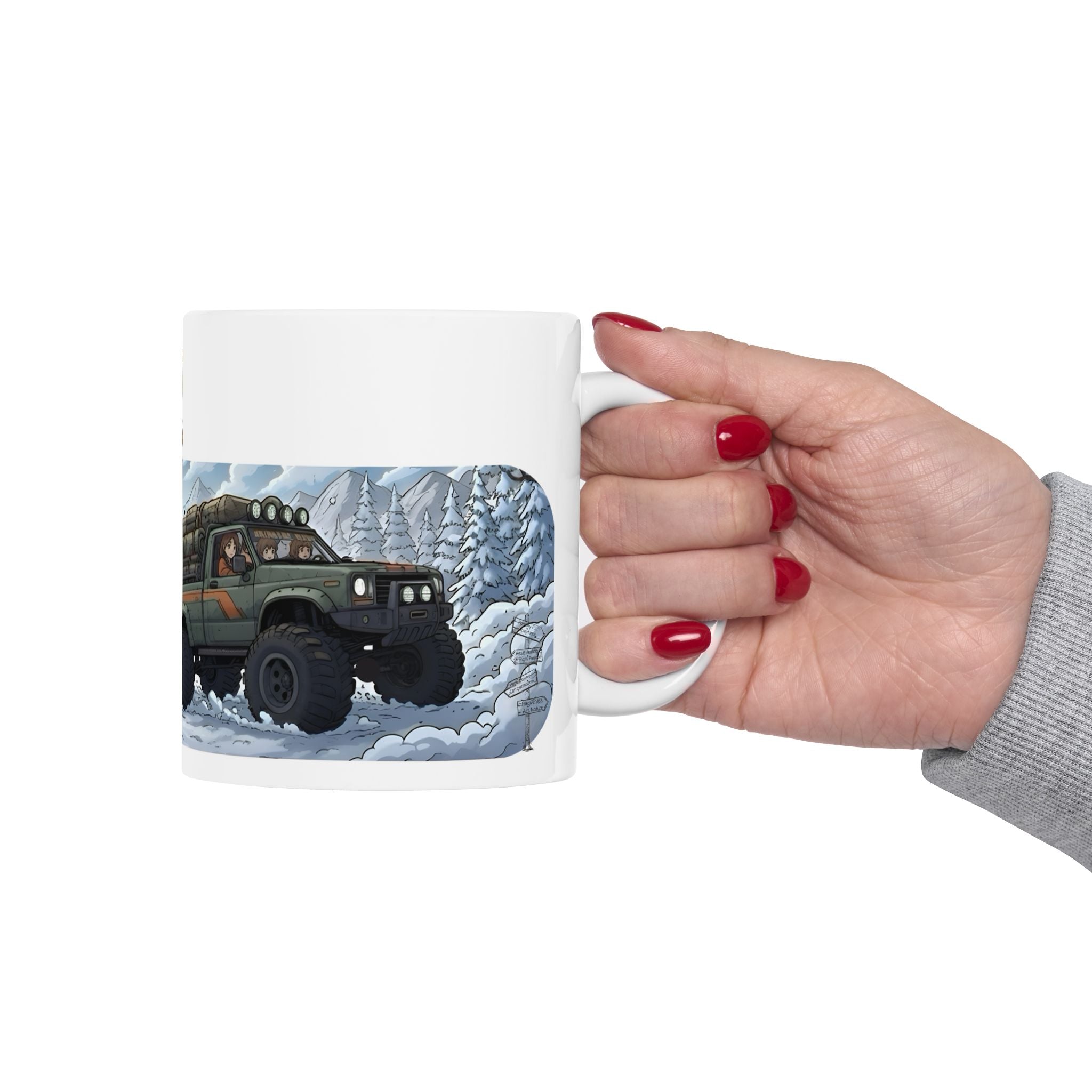 Adventure 4x4 Trucks #41, Off-Roading Mama Helping Daughter  White Ceramic Mug — Find Your Path To The Essentials Cup (11oz & 15oz)