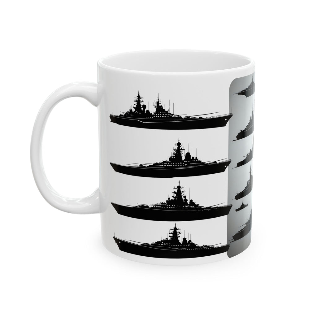 Tactical Battleship Silhouettes White Ceramic Mug — Naval Maritime Warships Cup (11oz & 15oz)