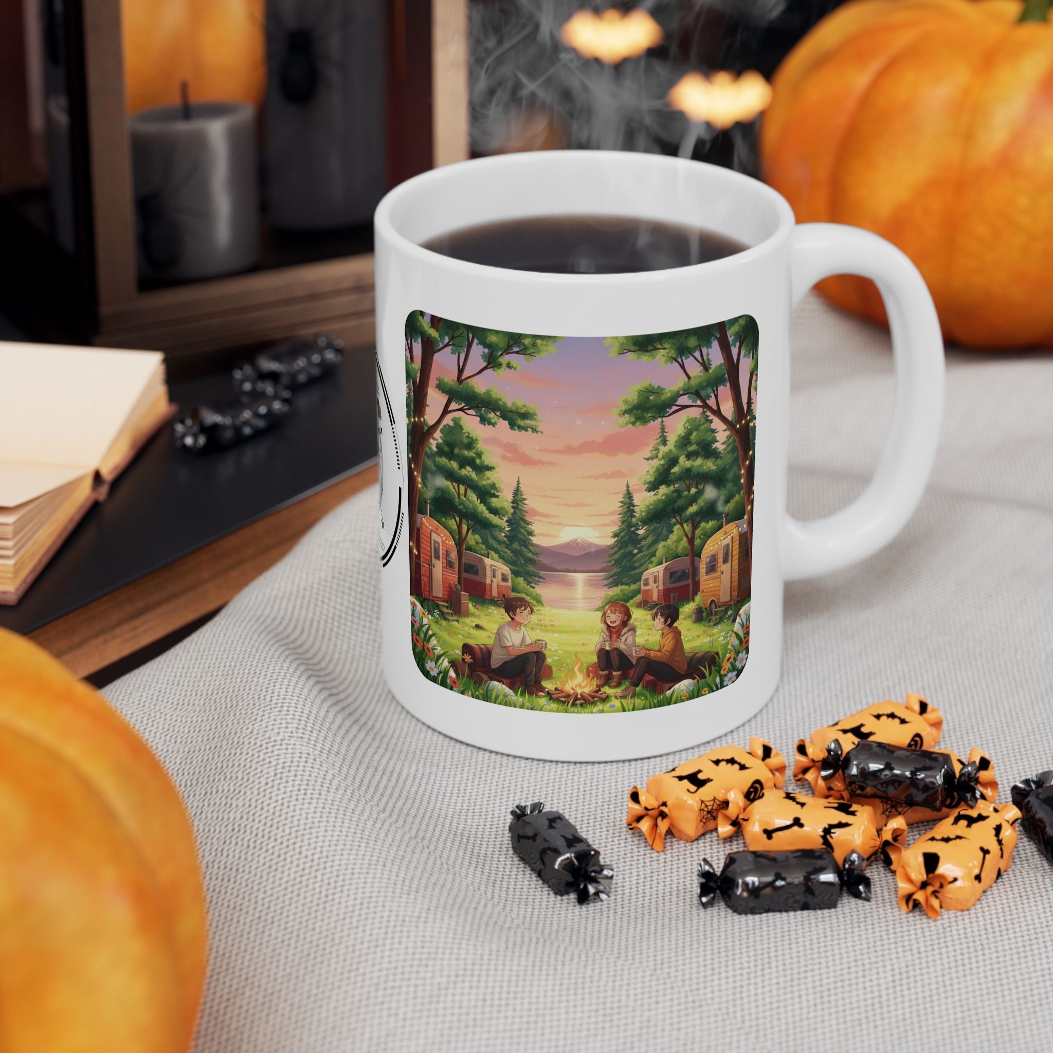 Cozy Hearth & Home White Ceramic Mug — Sunset Mountain View Vintage Camper Cup (11oz/15oz)