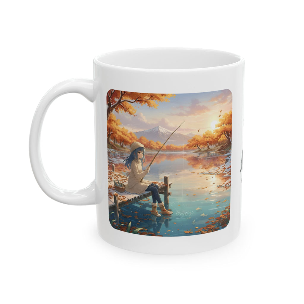 Cozy Anime Girl Joyful Fishing Lake Adventure White Ceramic Mug — Scenic Autumn Aesthetic Mountain Landscape Tea Cup (11oz/15oz)