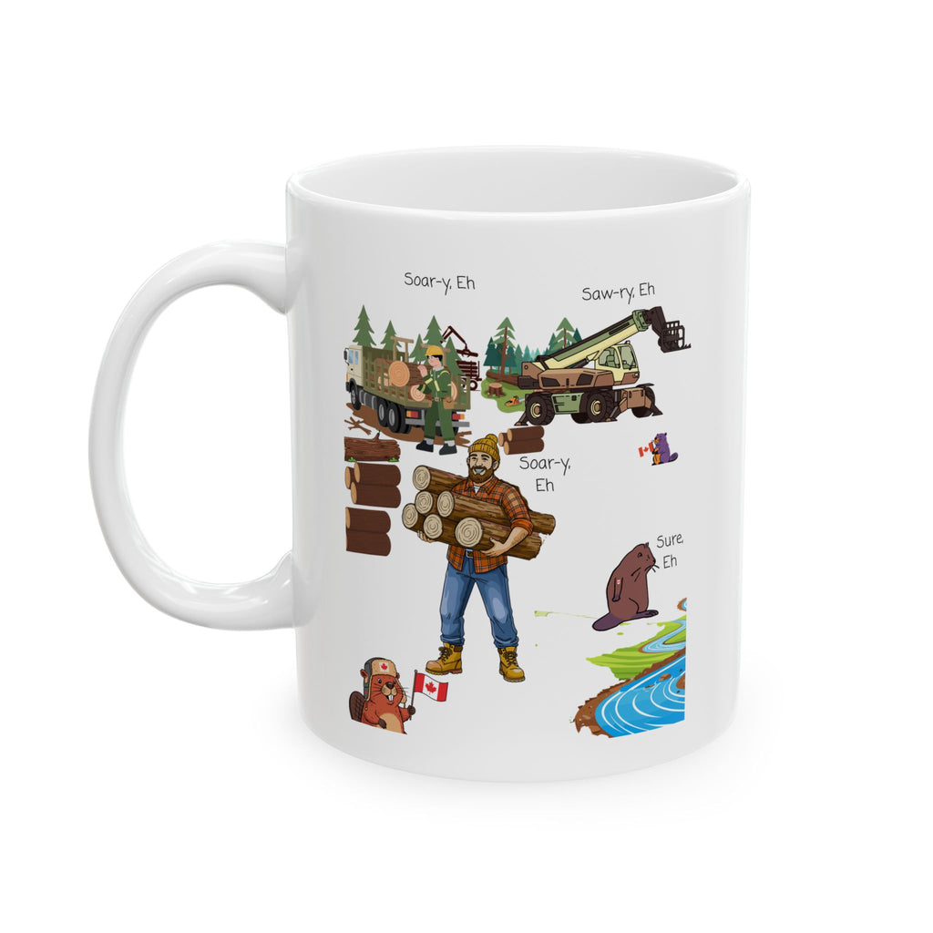Cute Woodland Beavers With Canadian Lumberjacks On A White Ceramic Mug (11oz, 15oz), We Love Canada Loggers Cup