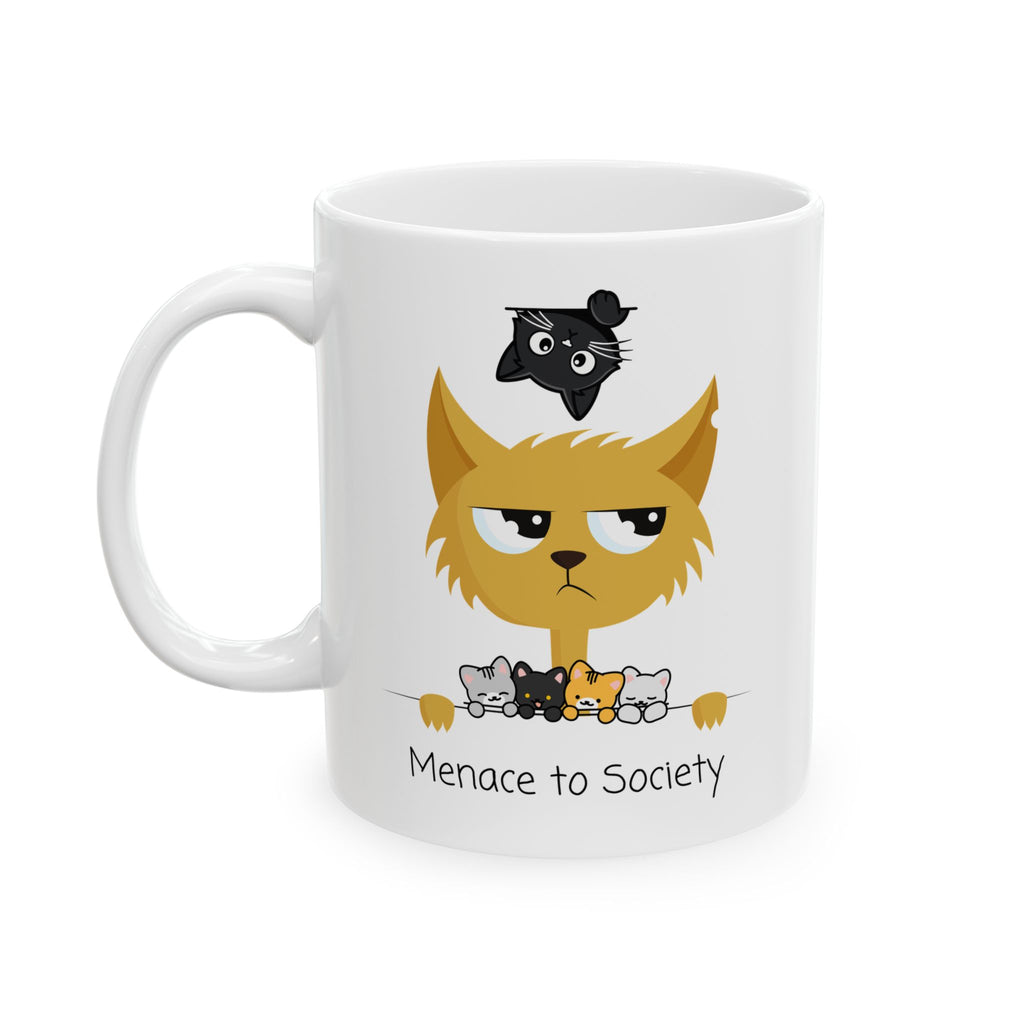 Cheeky Cat Mom White Ceramic Mug — Cute "Menace To Society" Rebel Cats Tea Cup (11oz, 15oz)