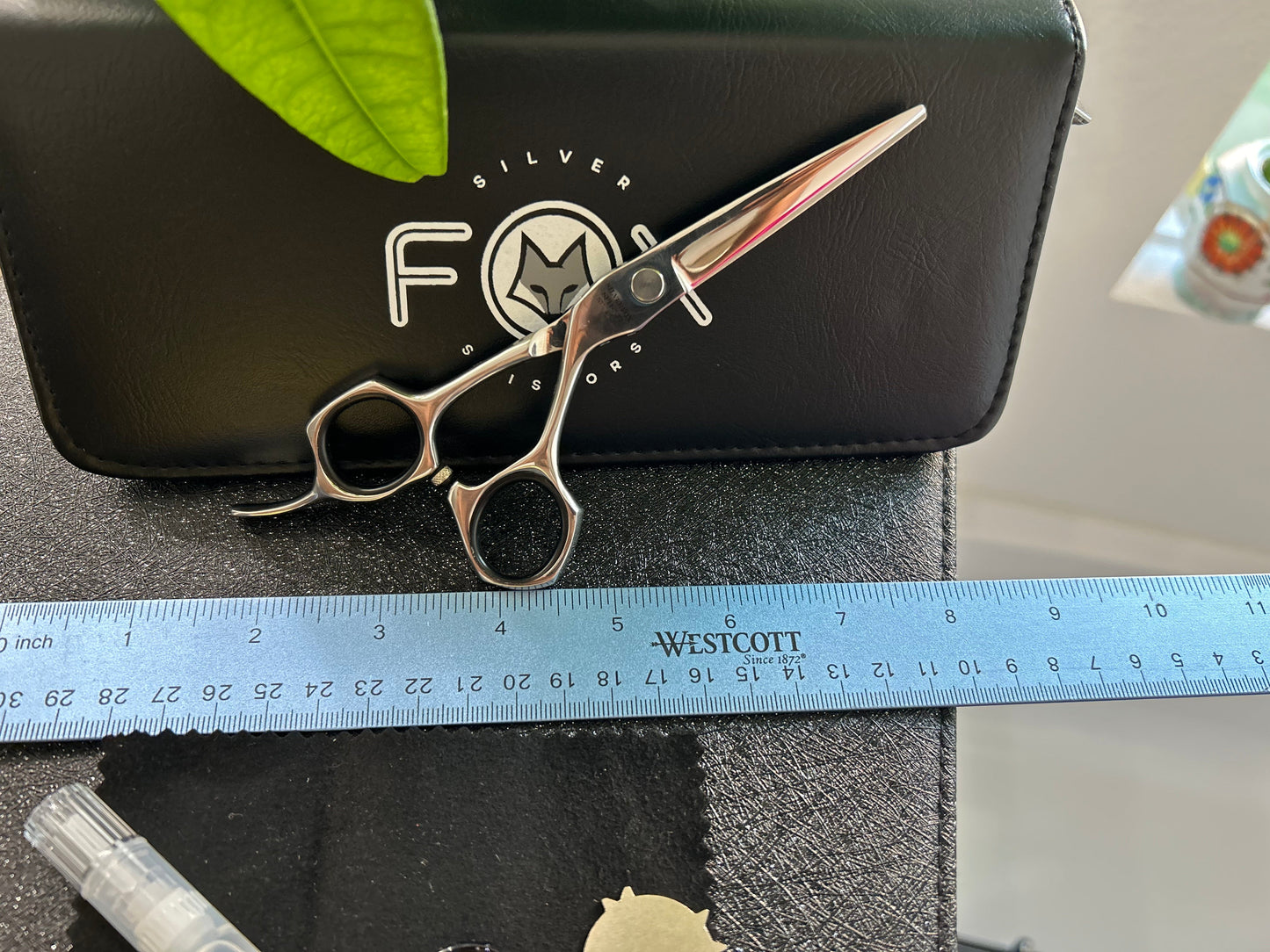 Scissors standing upright against black case with ruler in front for scale.