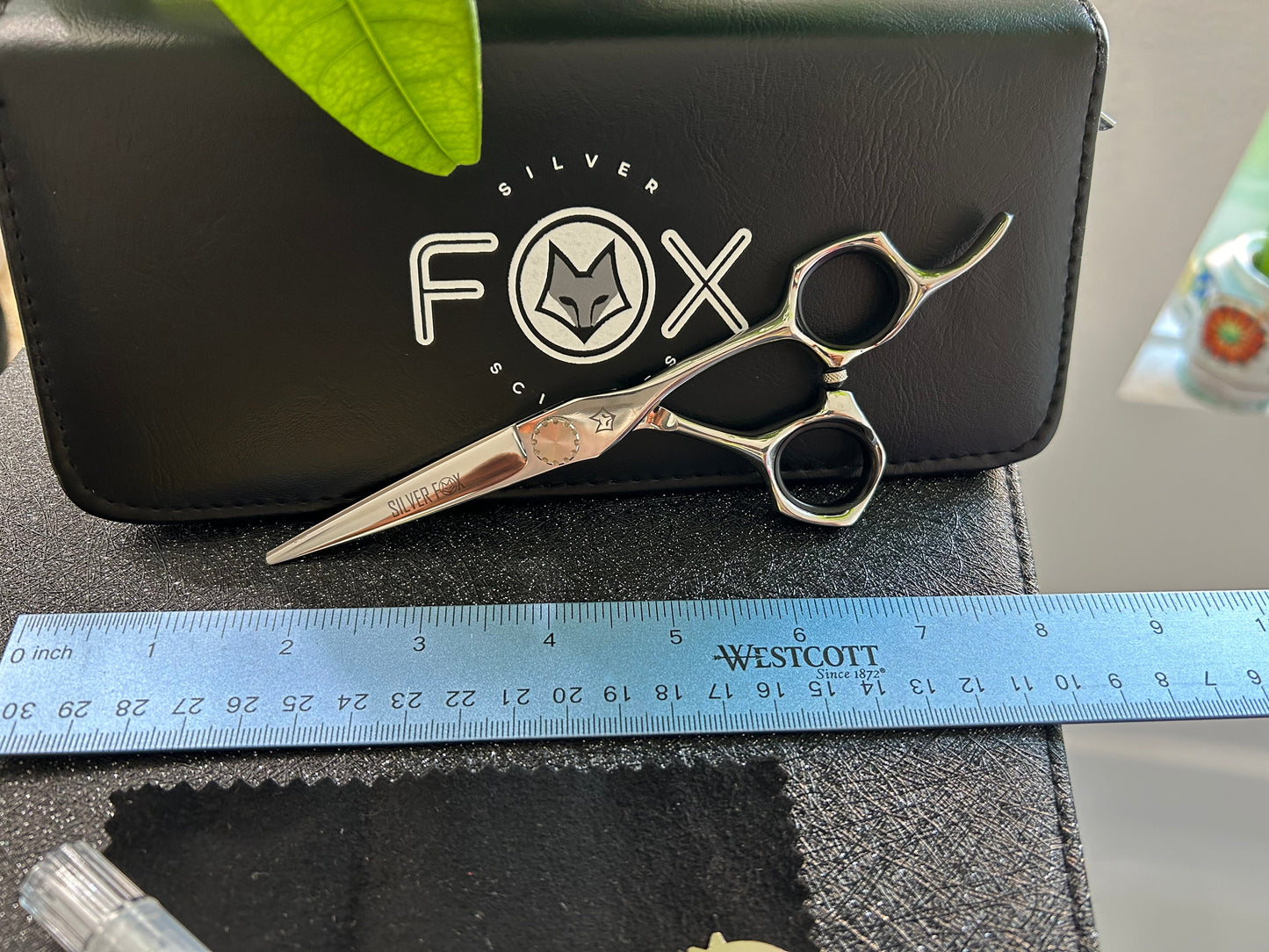 Scissors resting against black case with ruler for scale.