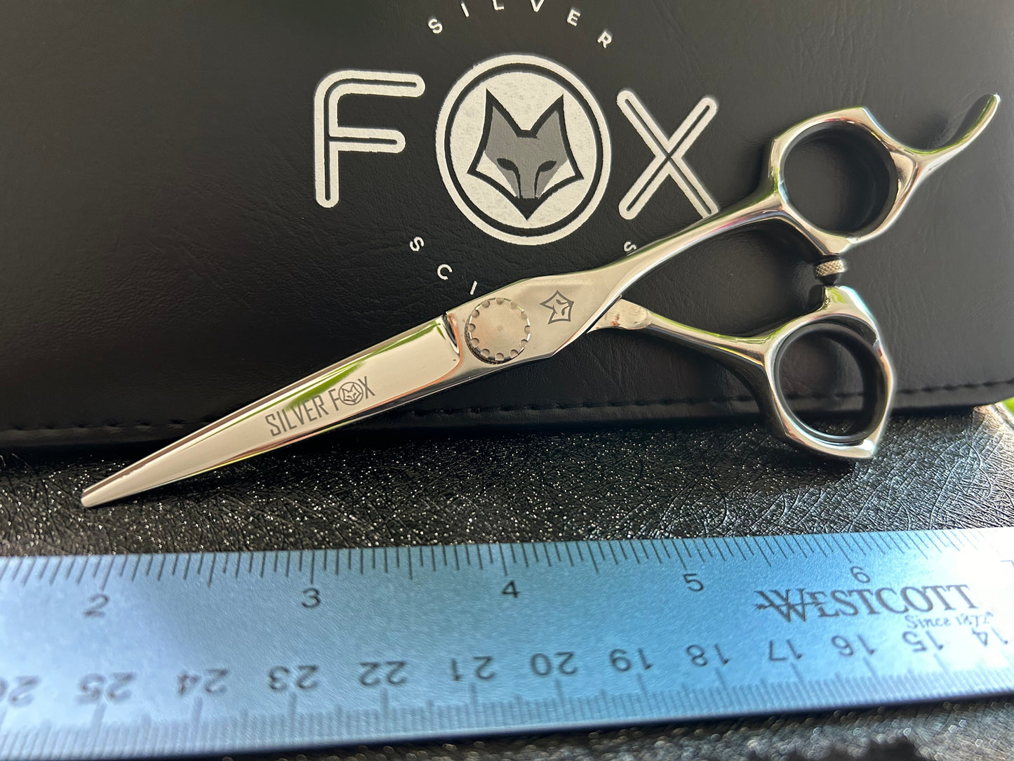 Scissors resting against black case with ruler for scale.