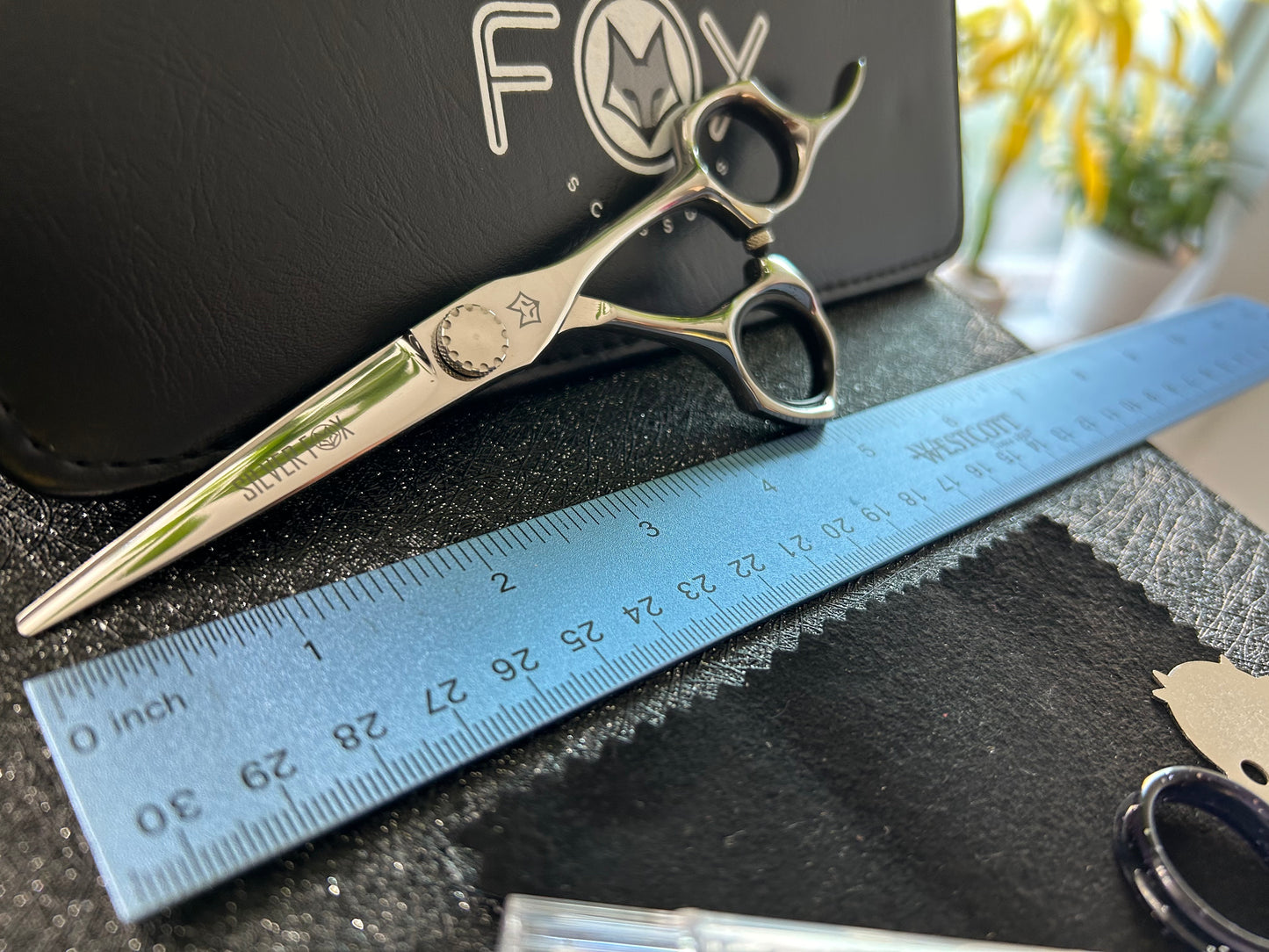 Scissors resting against black case with ruler for scale.