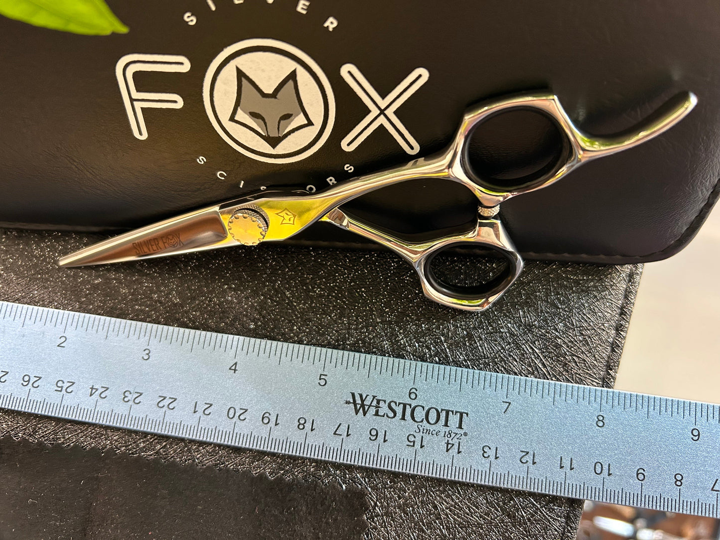 Scissors resting against black case with ruler for scale.