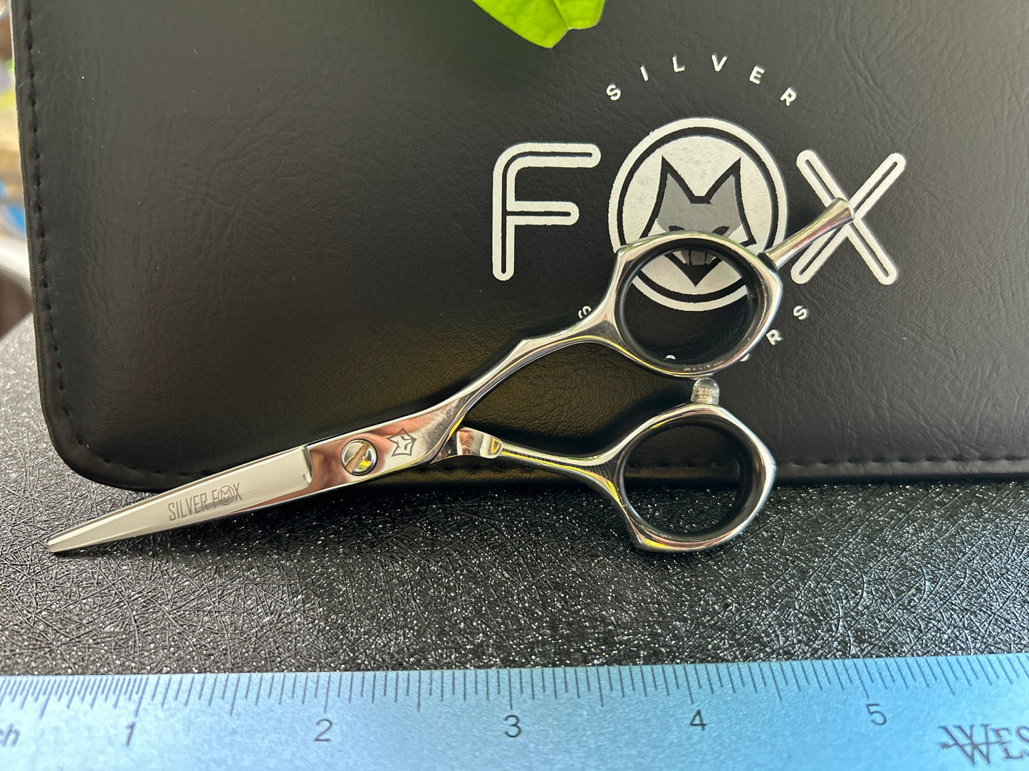 Scissors resting against black case.