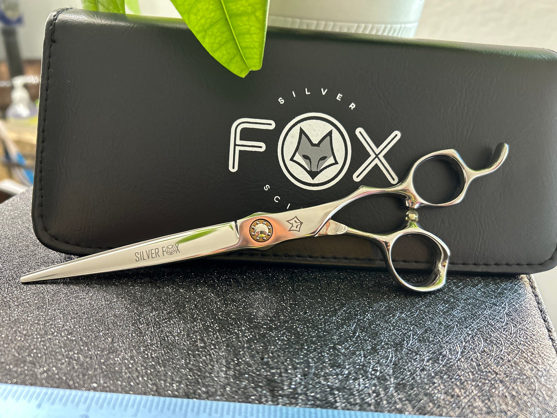 Scissors resting against black case.