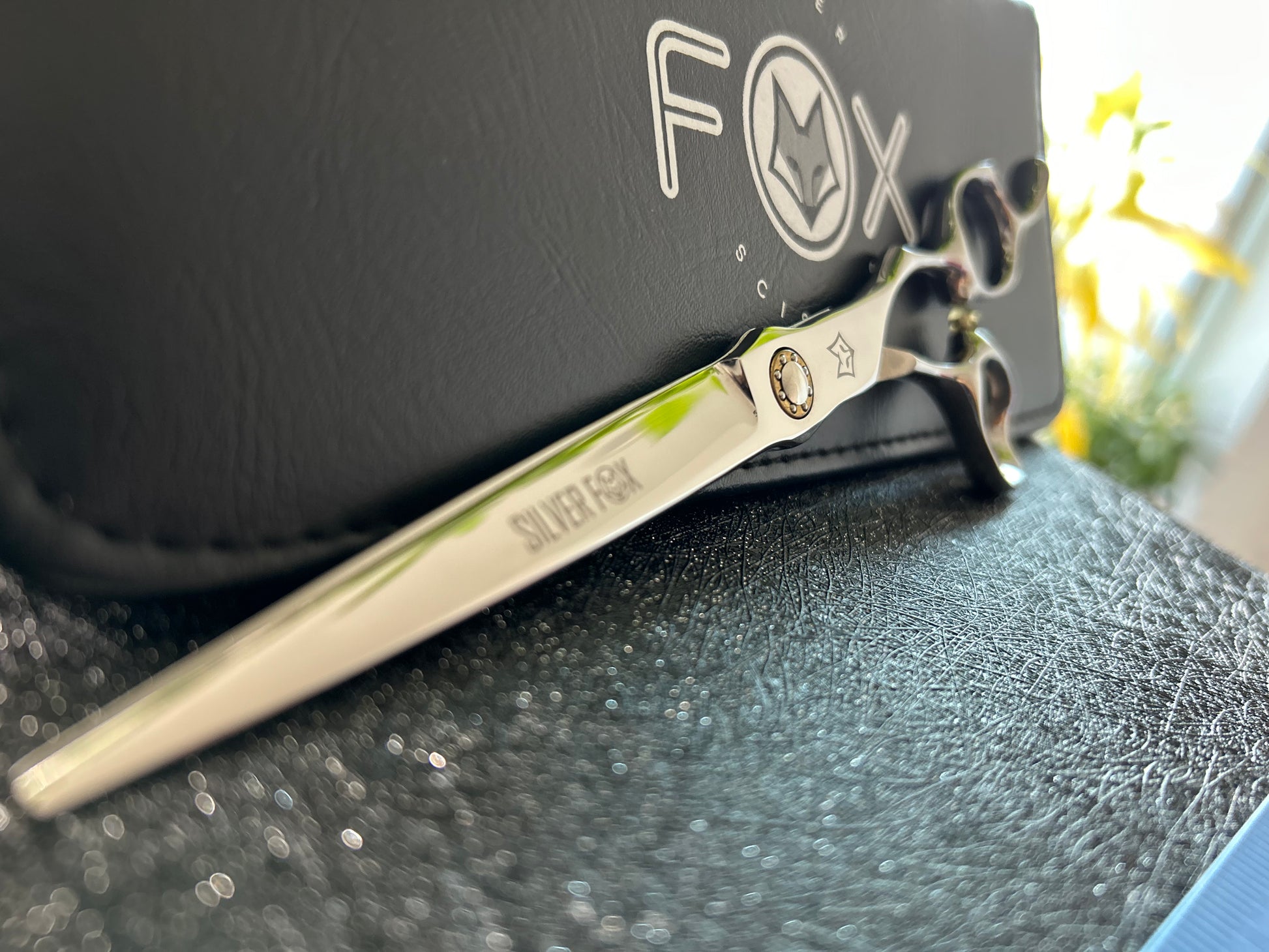 Scissors resting against black case.