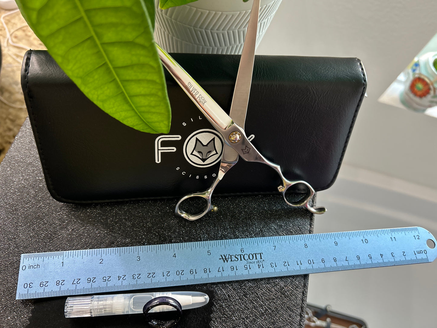 Scissors standing upright against black case with ruler in front for scale.