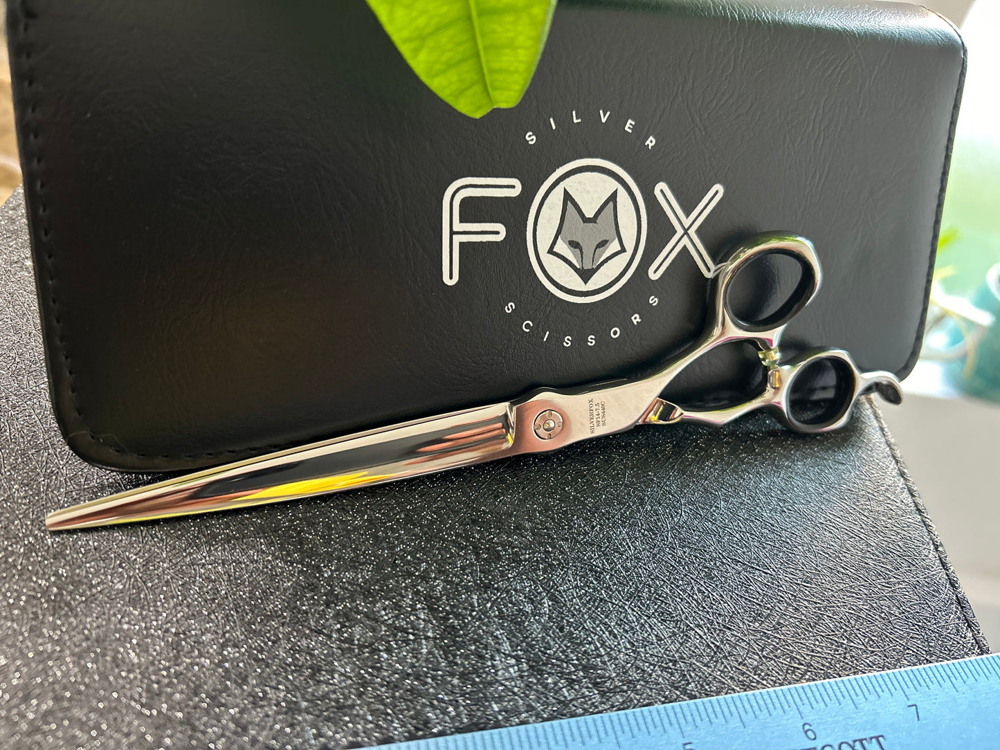 Scissors resting against black case.